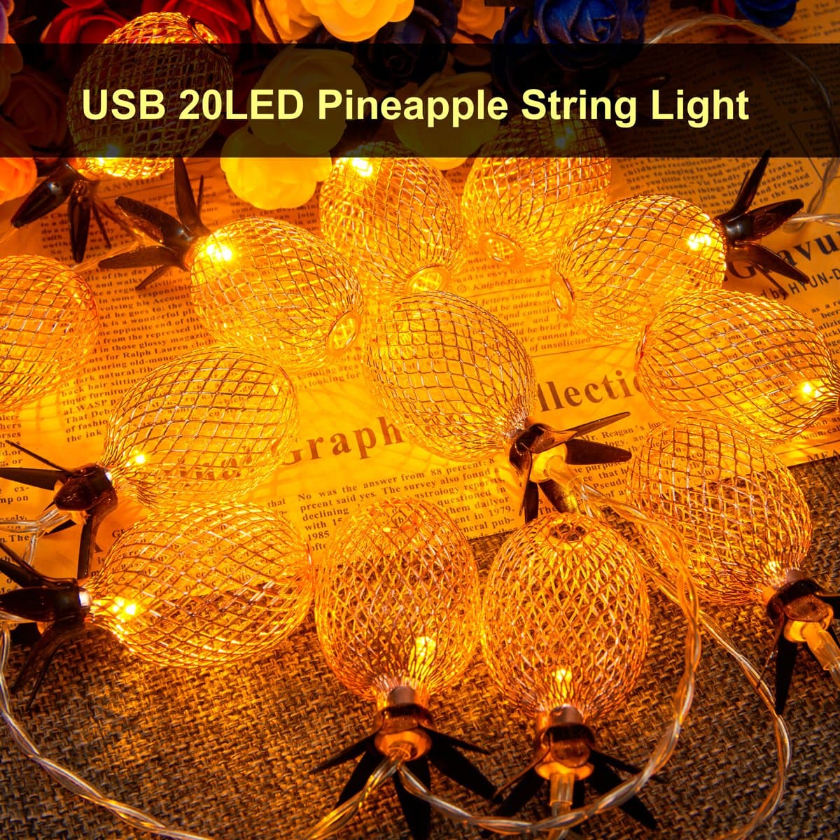 USB 20LED Pineapple String Lights,10ft Fairy String Lights Christmas Home Wedding Party Bedroom Birthday Decoration (Warm White)