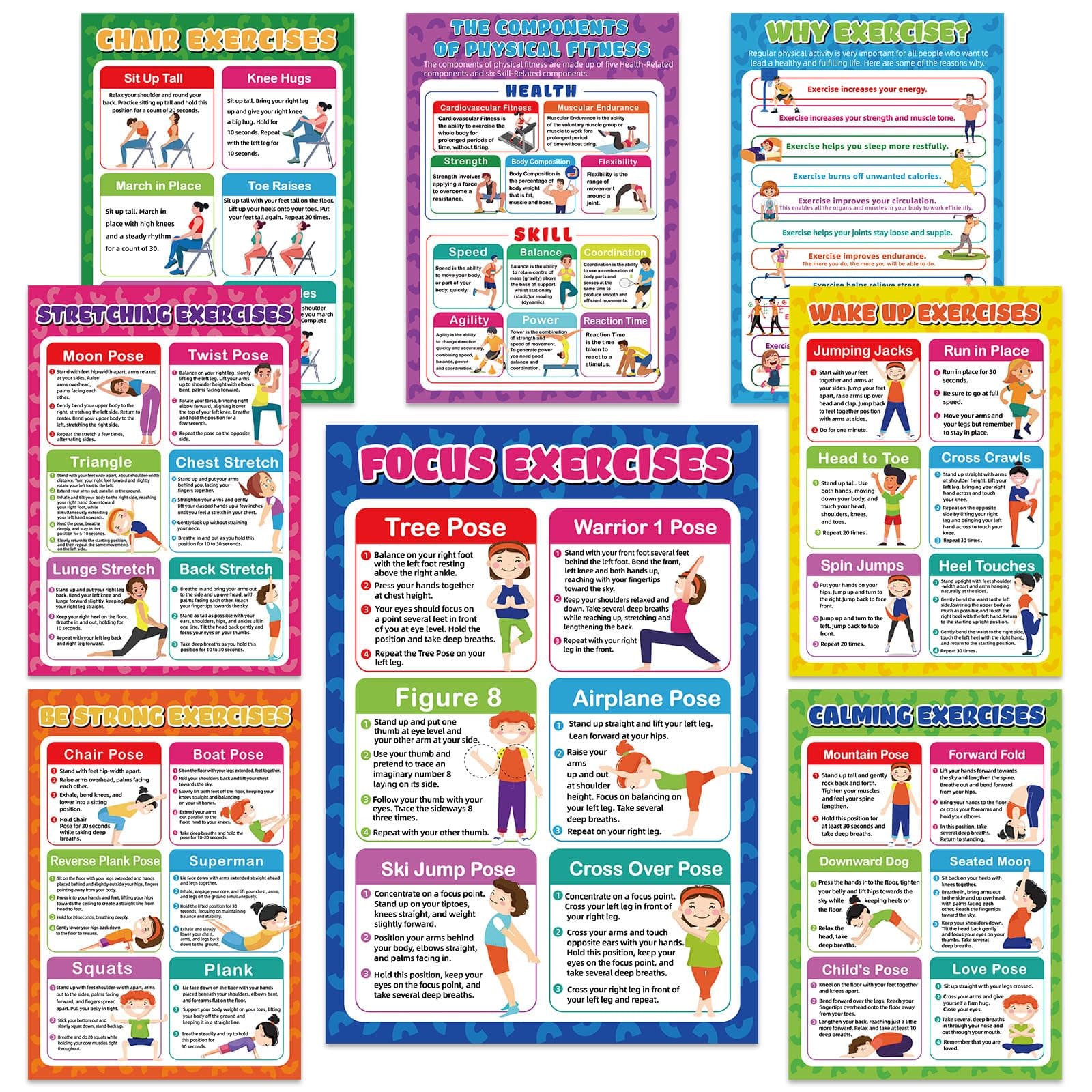 gisgfim Exercise Posters Stretching Yoga Workout Poster Physical Educational Fitness Decoration Physical Bodyweight Workout Guide Chart for Home Classroom Gym Men Women Laminated Colored Illustration