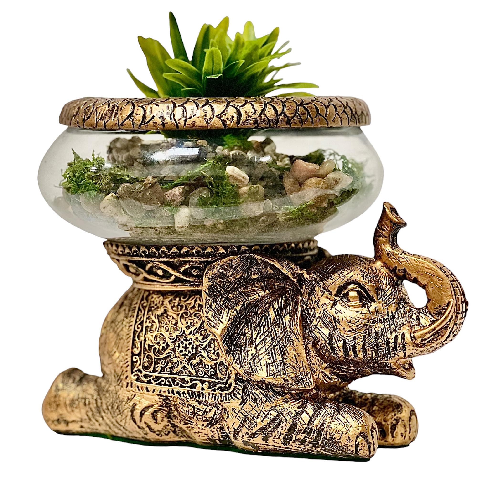 Good Luck Elephant Glass Bowl – Gold Antiqued Decorative Figurine with Removable Glass Bowl – Terrarium, Candle Holder, or Tabletop Aquarium – Polyresin Home Décor with Gift Box