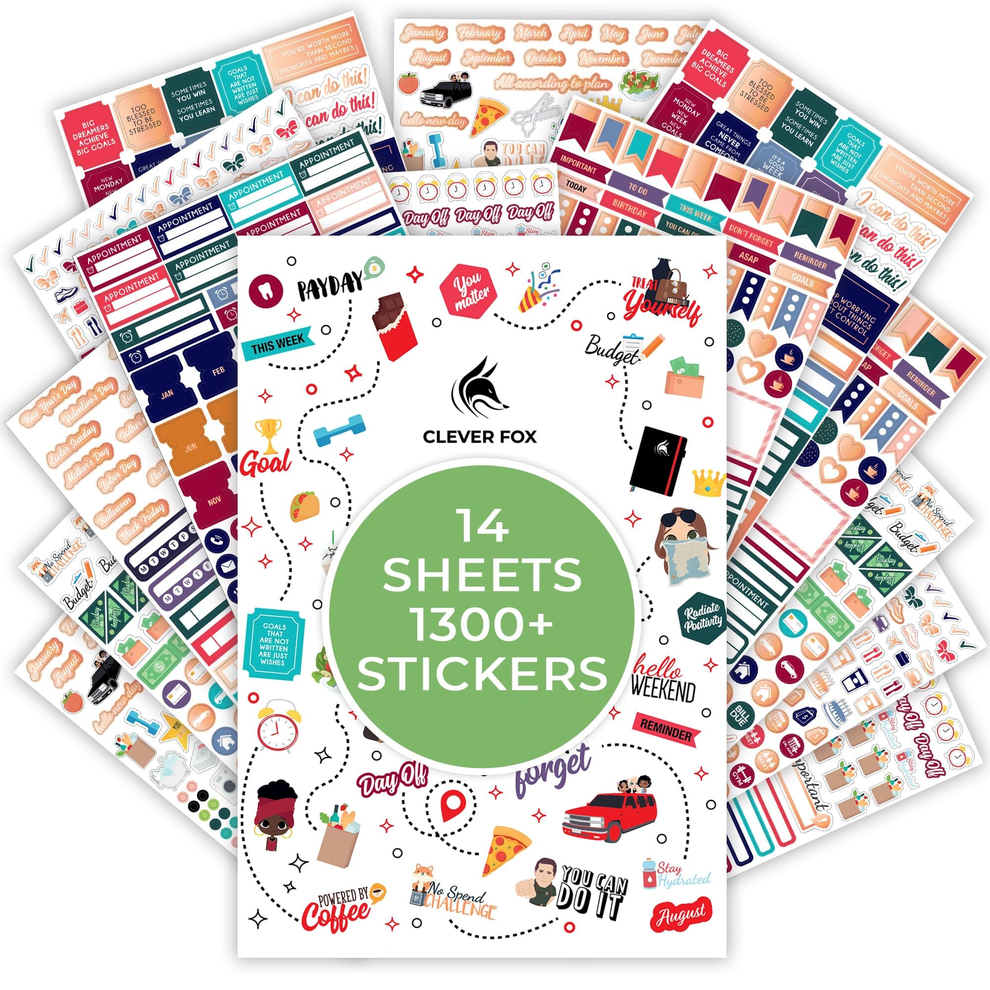 Planner Stickers – Monthly, Weekly & Daily Planner Stickers 14 Sheets Set of 1360+ Unique Stickers by Clever Fox (Value Pack)