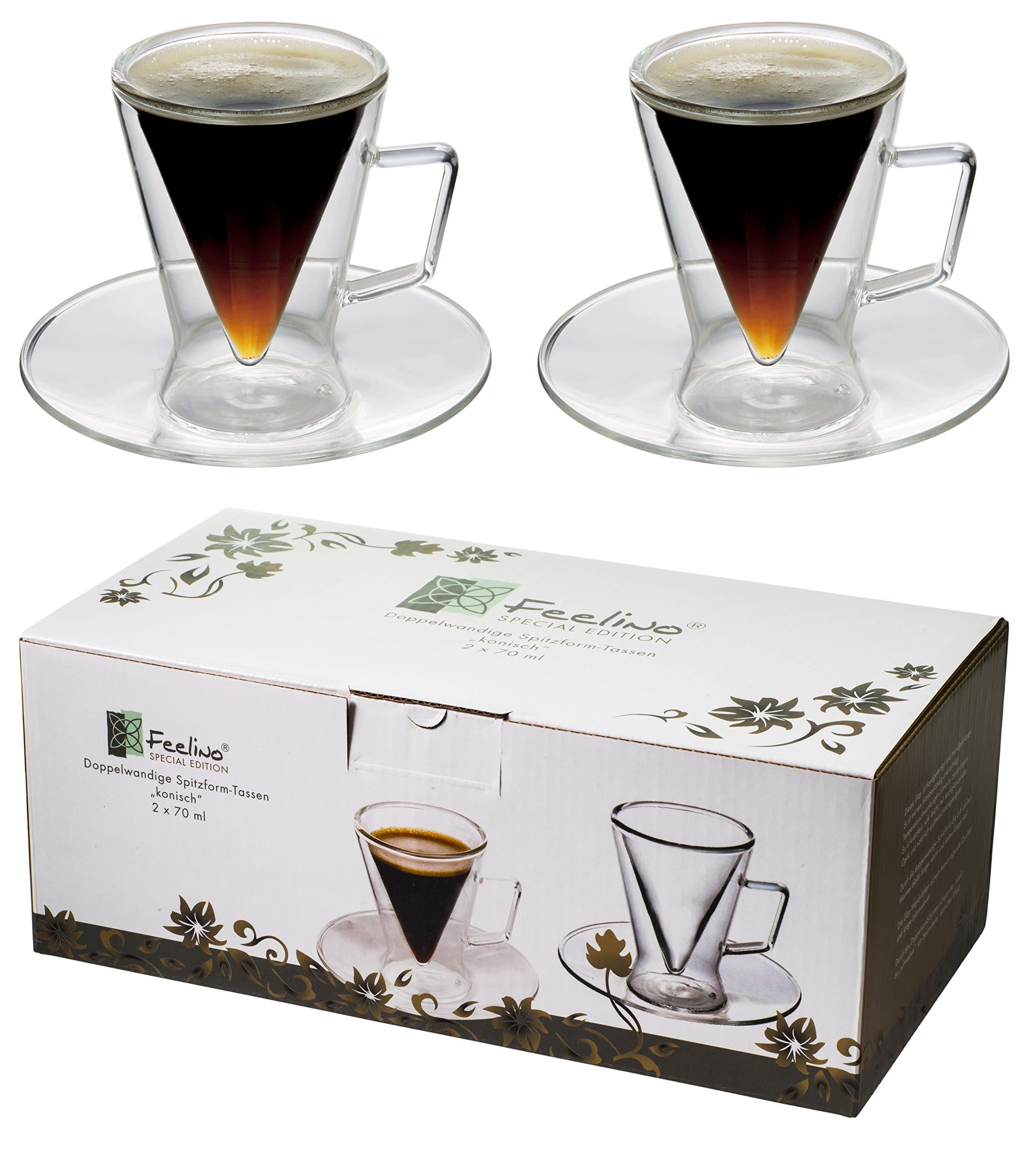 Feelino Glass Espresso Cup Set, 70ml Double Walled Espresso Cups Set of 2 w/Pyramid Design, Espresso Mug, Clear & Small Shot Glasses, Dishwasher-Safe Italian Expresso Coffee Cup for Ristretto & Lungo