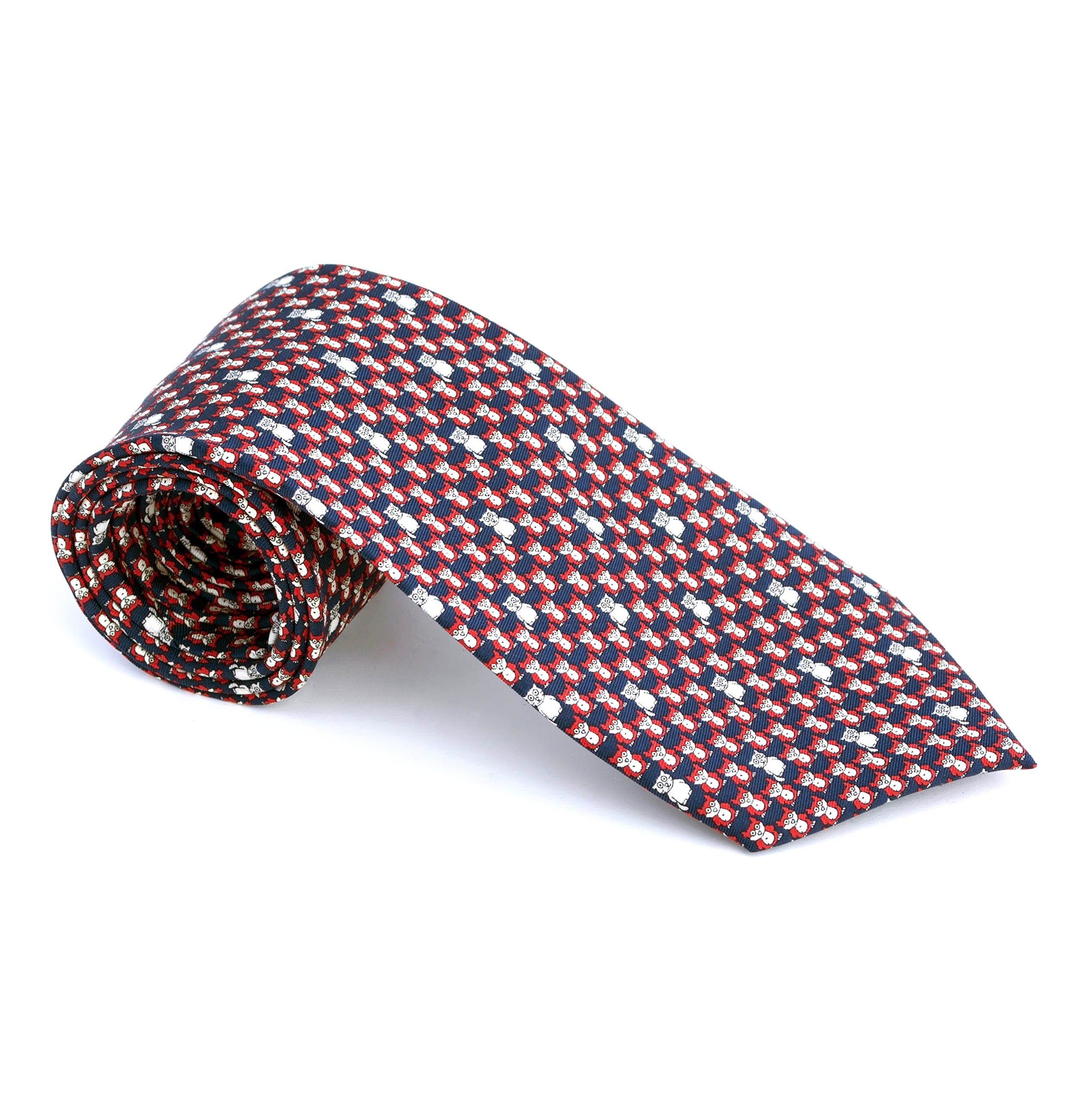 Men's 100% Silk Neckties Owl Printed Tie (Red and Blue)