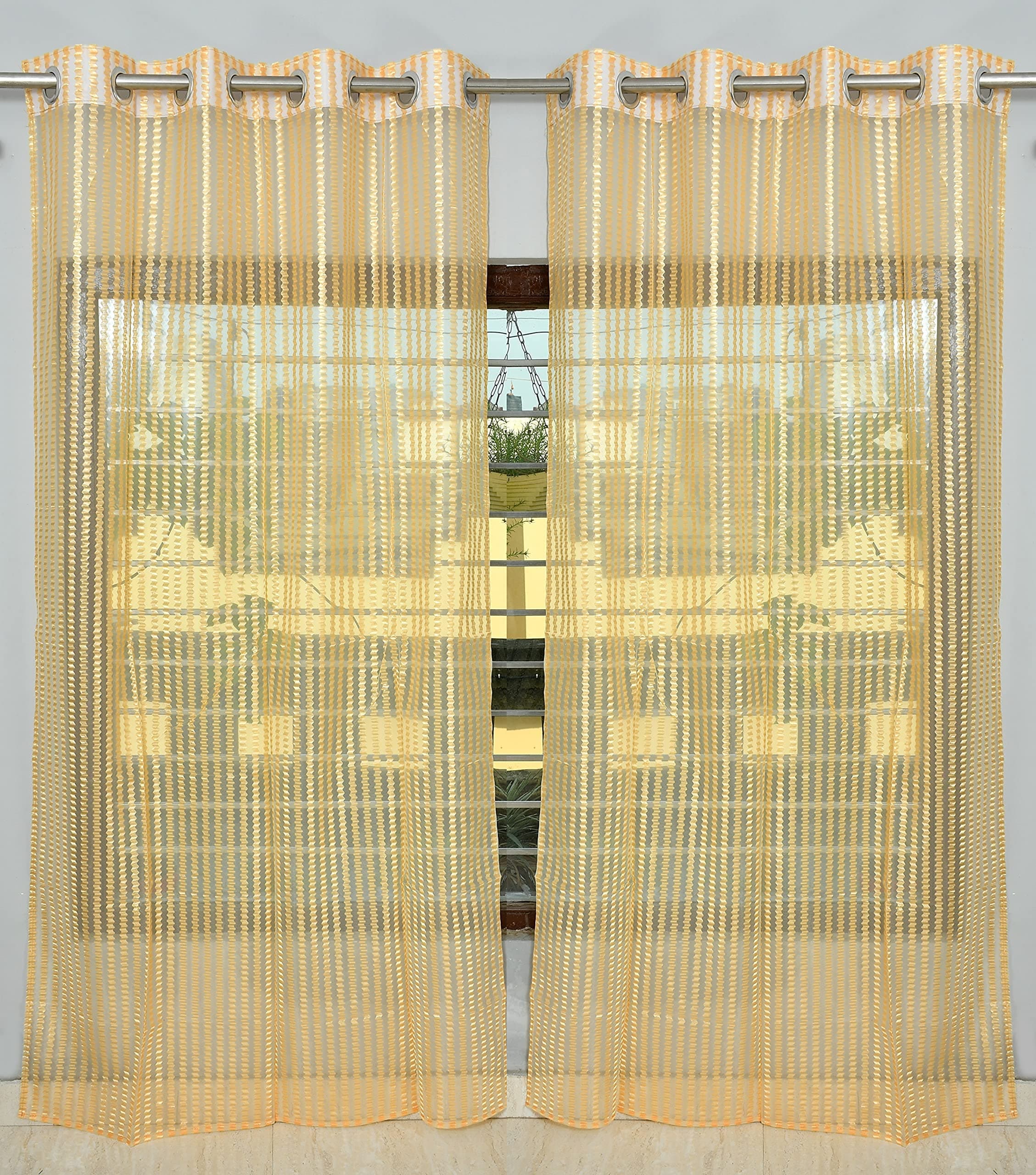 Parda Sansar Polyester Linen Transparent Solid Zig-Zag Sheer Curtains Set with Eyelet Rings Tissue Net Window Curtains, Gold, 5 Feet (153 cm), Pack of 2