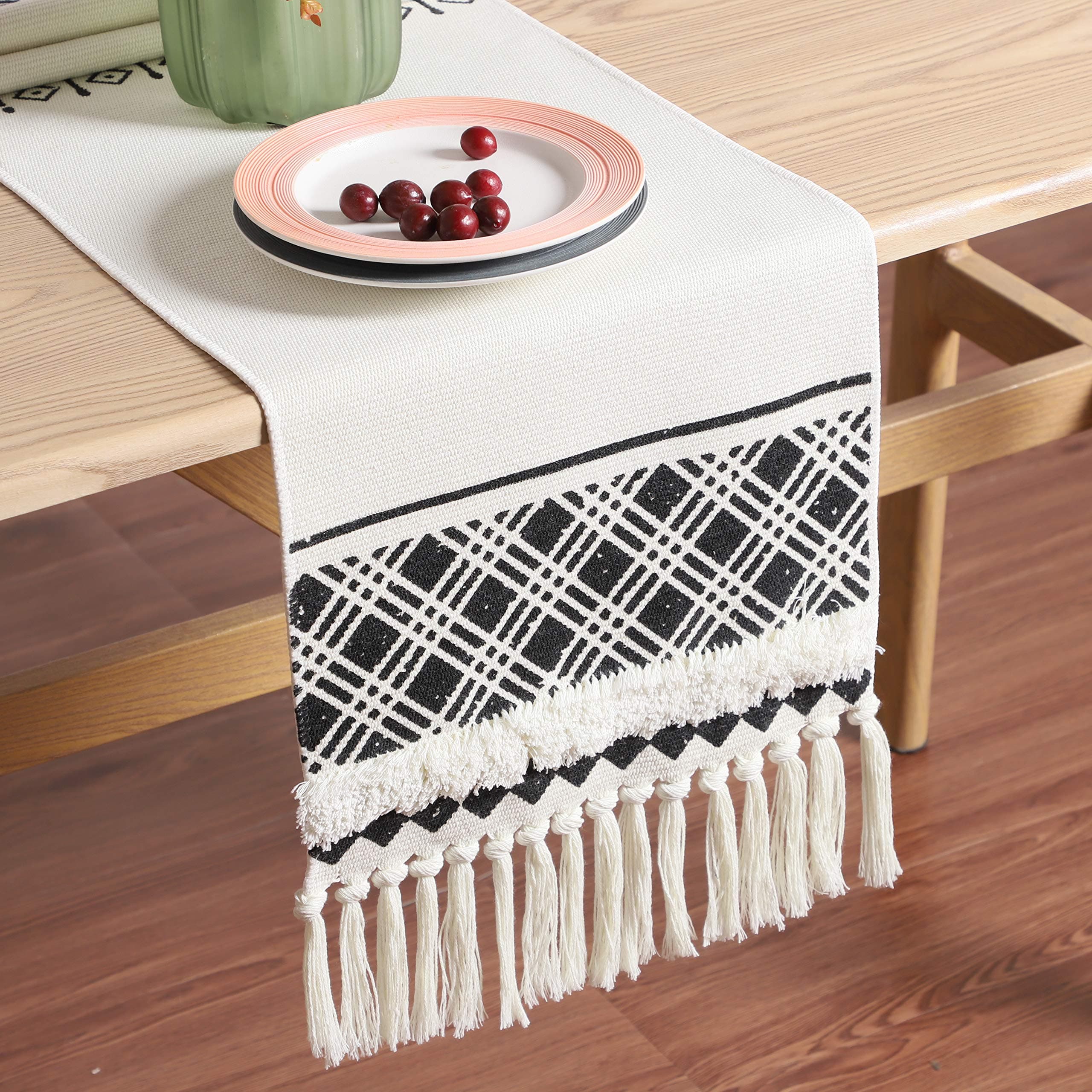 NEWISHER Black and White Bohemian Cotton Handmade Woven Tufted Diamond Pattern Table Runner Tassels for Living Room Kitchen Party Wedding Decoration 102 Inch