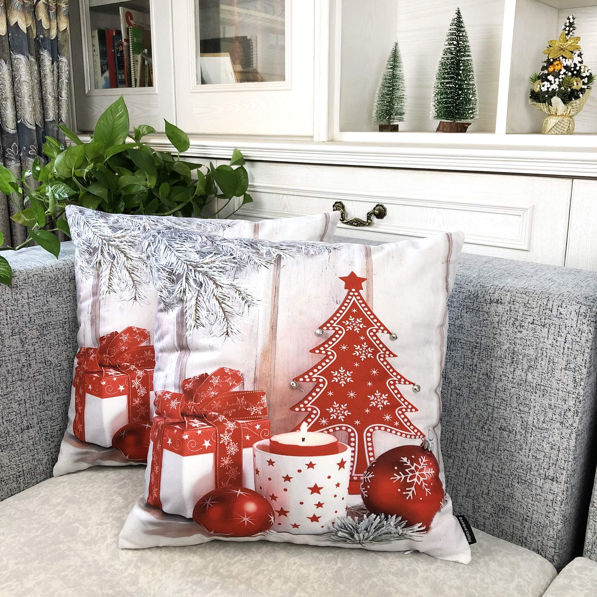 Booque ValleyChristmas Pillow Covers, Pack of 2 Gift and Red Tree Holiday Decorative Xmas Cushion Covers, Hand Stitched Silver Jingle Bells on Soft Velvet Pillows Cases, 18 x 18 Inch(Red)