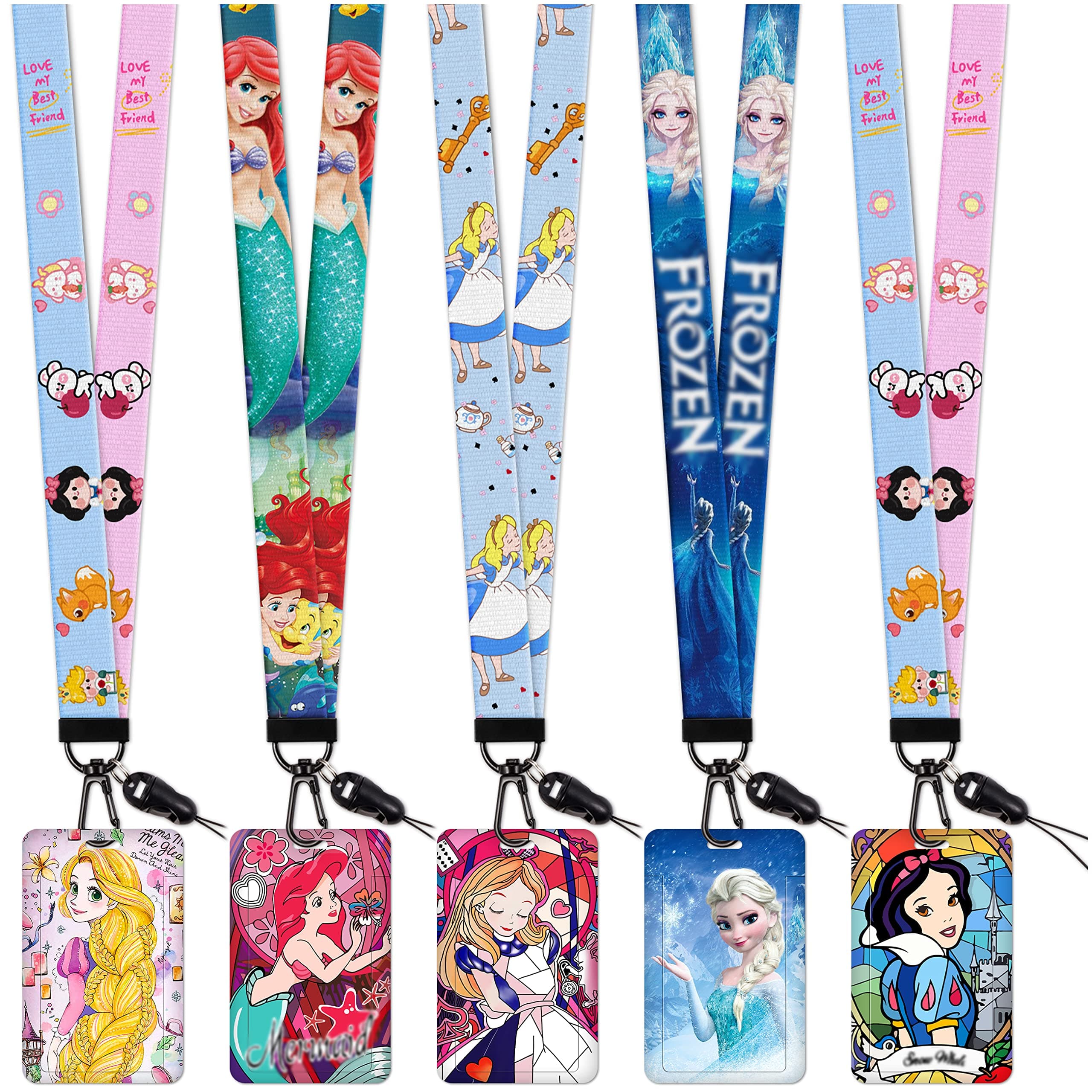 Akkya 5 Pack Neck Lanyard with ID Badge Holder for Keys Key Chain Card Cute Kawaii Cartoon Princess Lanyards for Women Guys Girl Kids Teachers The Office Keychains