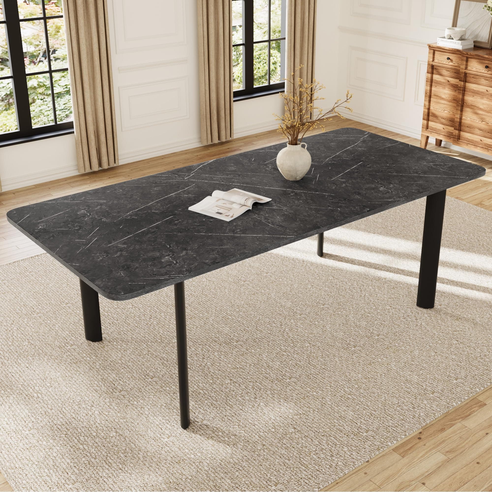 Extendable Dining Table for 6-8 People, 63 to 78.7 Inch Rectangular Table, Dark Grey MDF Kitchen Table with Sturdy Metal Legs, Space-Saving for Dining Room, Breakfast Nook, Small Spaces