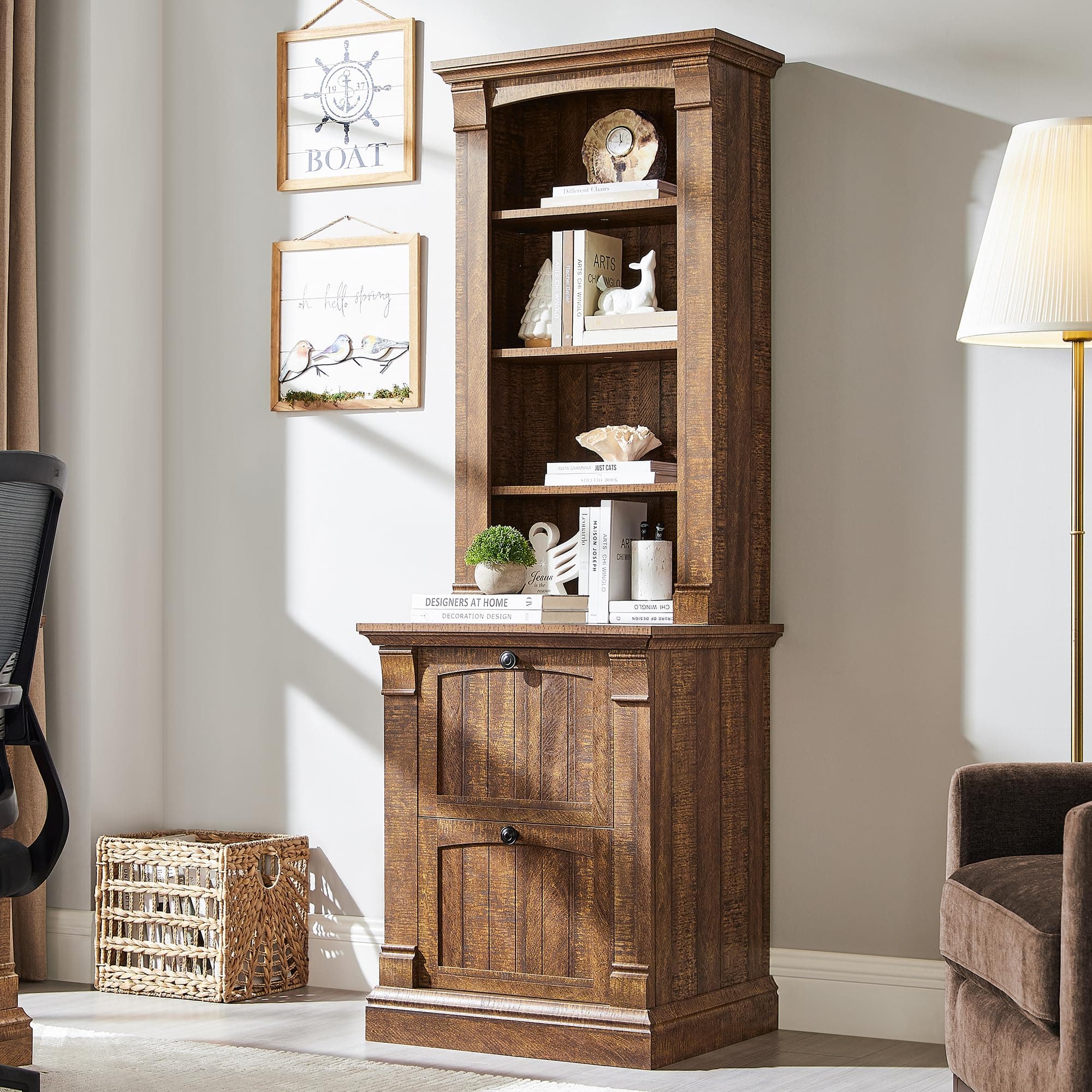 OKD Farmhouse Storage Bookcase,72" Tall Bookcase with 4-Tier Open Adjustable Shelves,Wooden Freestanding Bookshelf Storage Organizer for Home Office, Living Room,2 Drawers,Reclaimed Barnwood