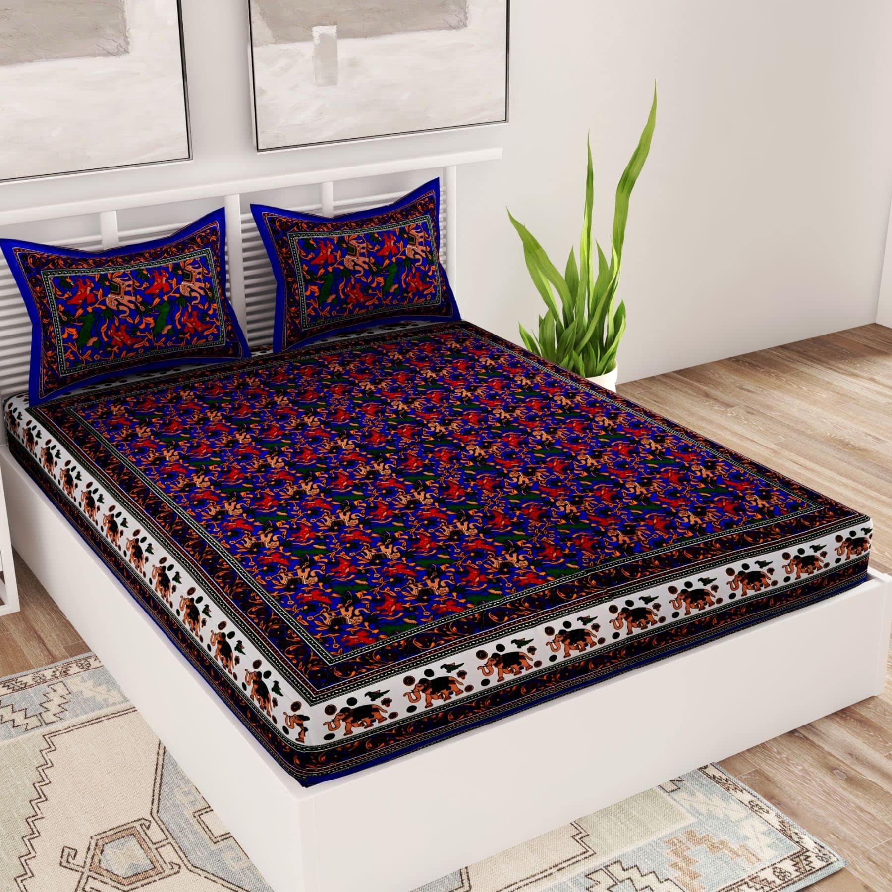 UniqChoice Blue Color Rajasthani Traditional Printed 120 TC 100% Cotton Double Bedsheet with 2 Pillow Cover,MUCD_197