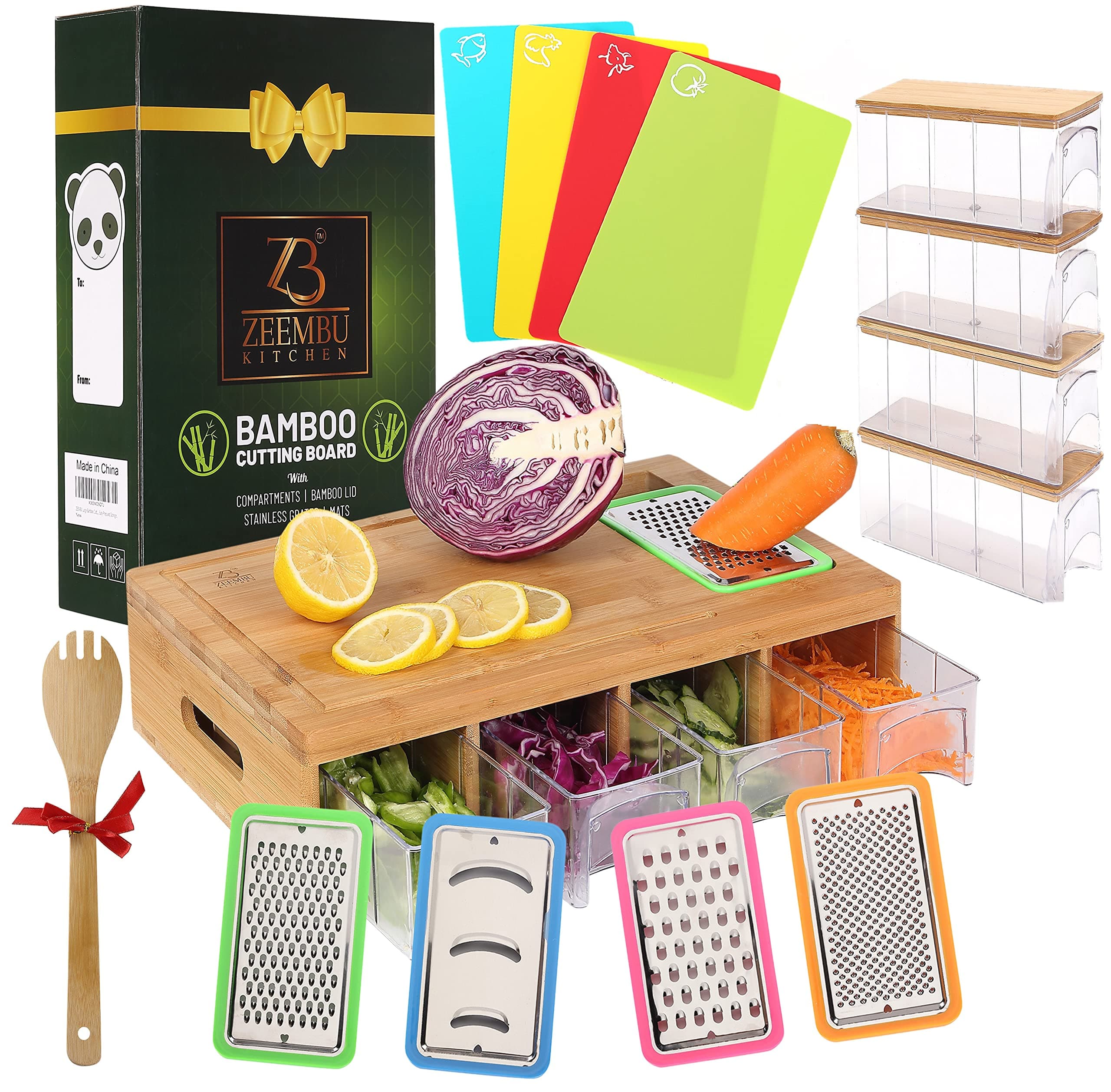 ZEEMBUBamboo Cutting Board With Containers and Mats for Quick Meal Prep. Sturdy and Multifunctional Chopping Board with Stackable Containers for Easy Storage. Great Gift for Cooking Enthusiast.