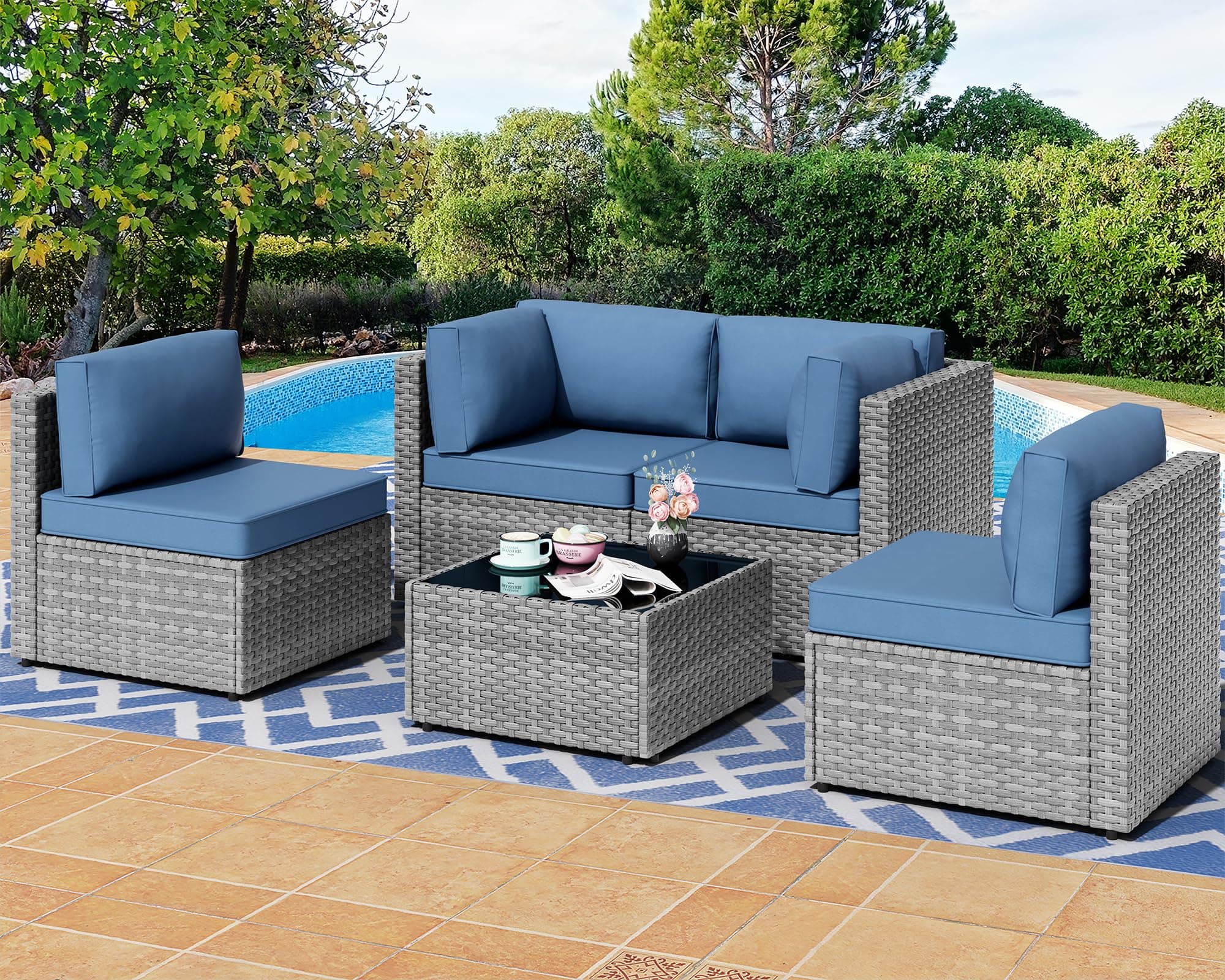 Shintenchi 5 Pieces Outdoor Patio Sectional Sofa Couch, Silver Gray PE Wicker Furniture Conversation Sets with Washable Cushions & Glass Coffee Table for Garden, Poolside, Backyard (Aegean Blue)