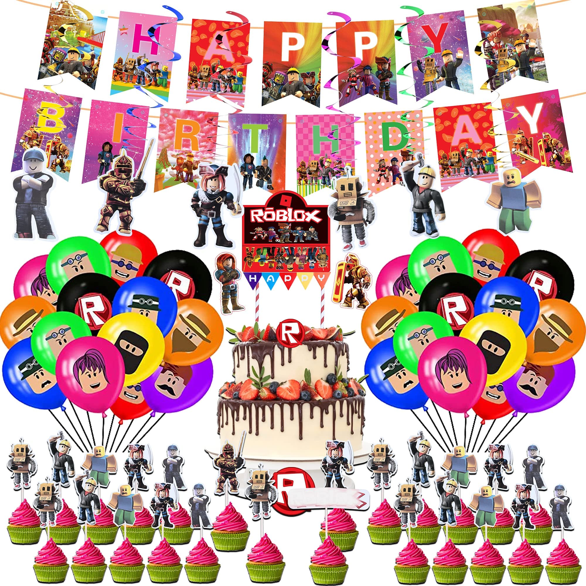 Aklaivaa Roblox Birthday Party Supplies, Happy Birthday Banner, and Latex Balloon Decorative, Cupcake Toppers, Tablecover, Spiral Ornaments For Boy Roblox Theme Party Decorations For Kids Game Lover