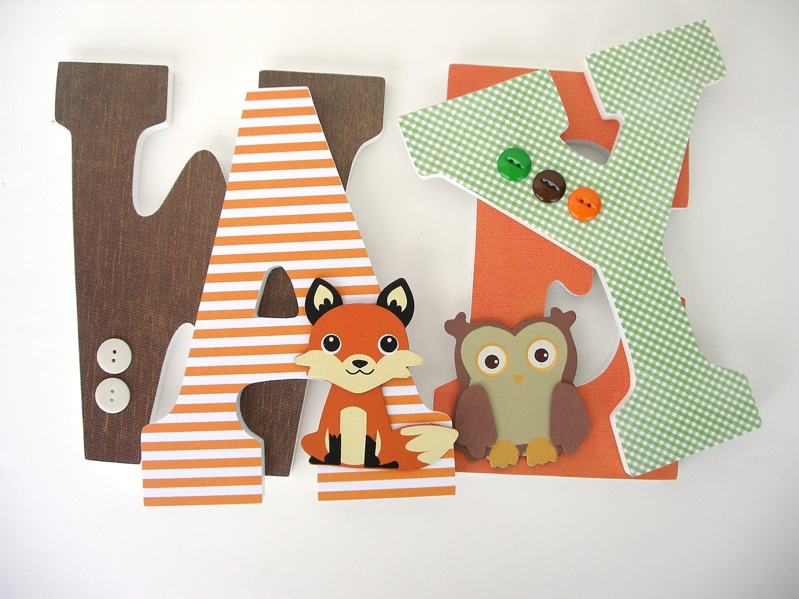 Brown, Orange, and Green Custom Wood Letters, Fox and Owl Baby Name Nursery Decor, Boy Bedroom Name Art