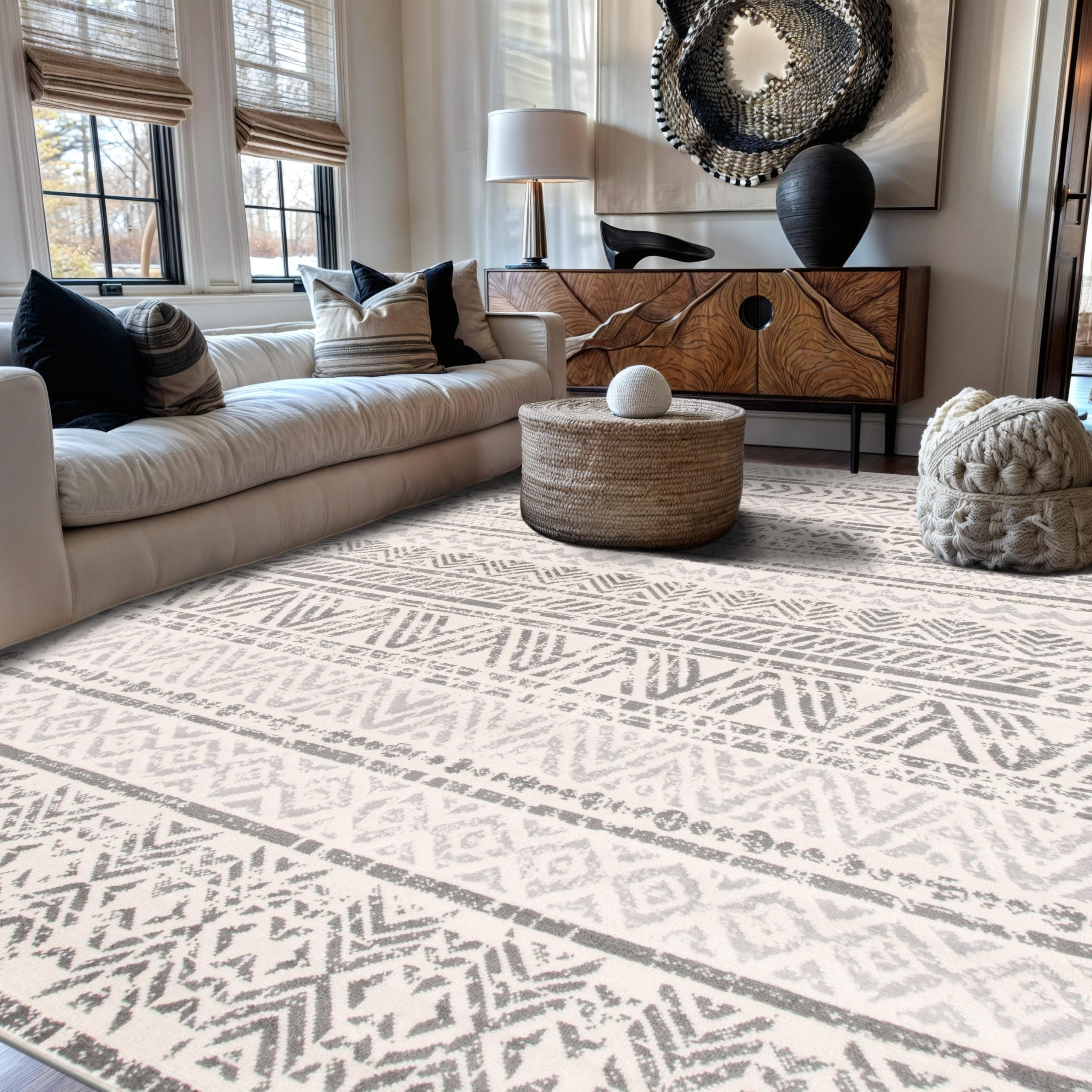 Geometric Boho Large Area Rug – Gray Tribal Pattern, Perfect for Living Room, Bedroom, Dining Room, 7'10" x 10'