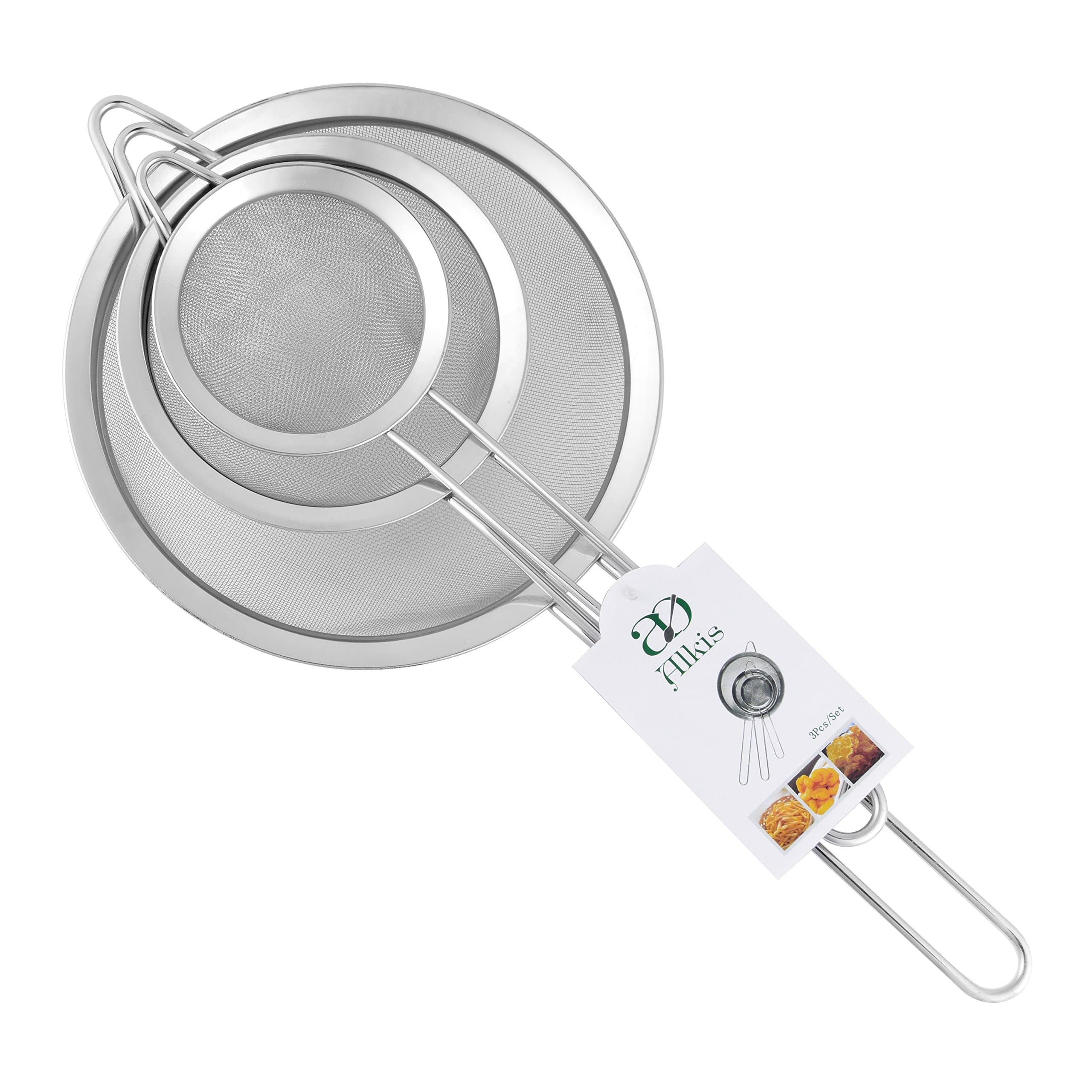 Alkis-Stainless Steel Sieve-Fine Mesh Strainer- Colander- Fine Mesh Sieve-Ideal to Sift Flour-Coffee Sieve-Quinoa Washer-Rice Washer and Yogurt Rinse-Set Of 3.Diameter 20/14/10 Centimeter
