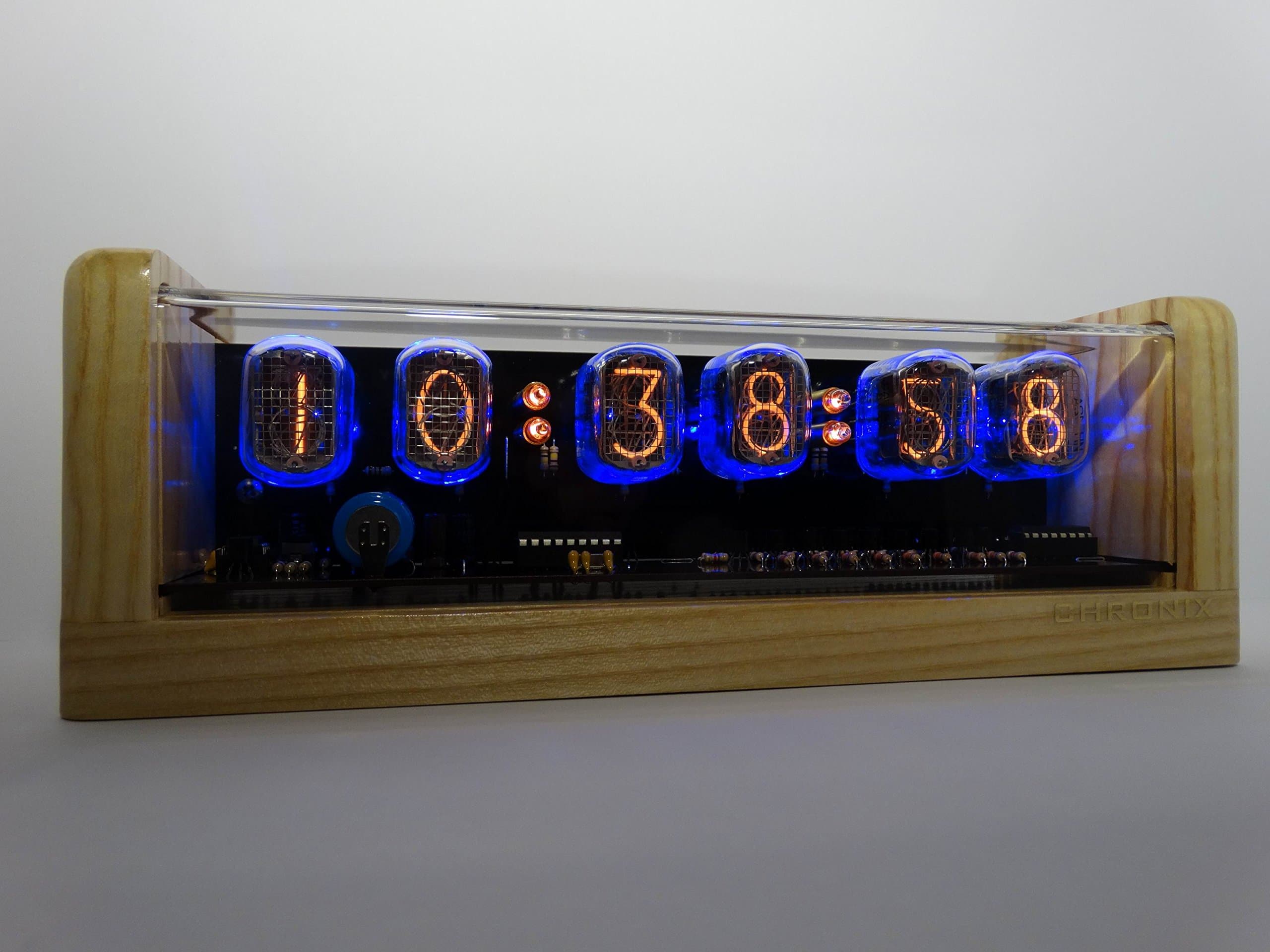 CHRONIX Vintage Nixie Tube Clock with 6xIN-12 displays & alarm & blue backlight & ash case