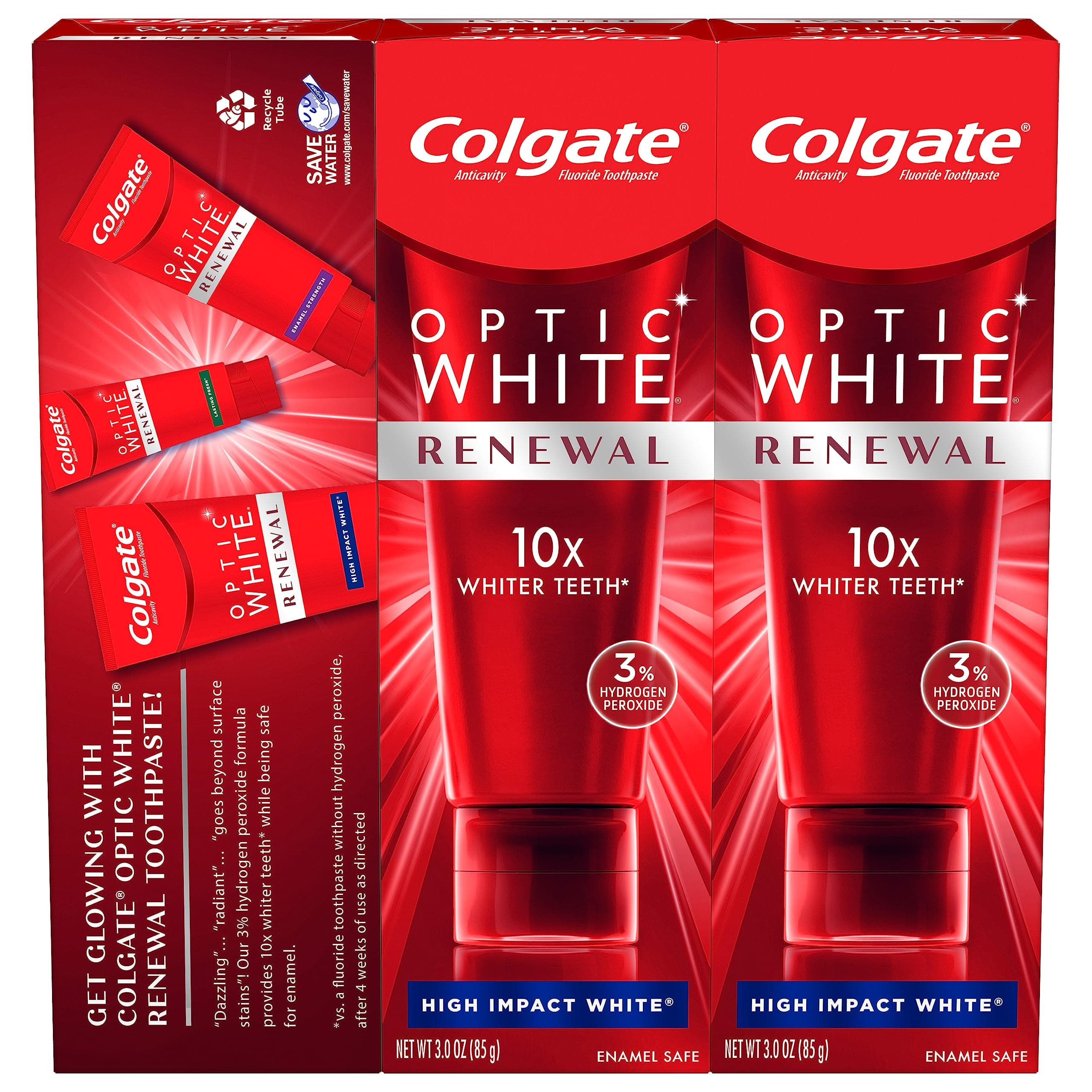 Optic White Renewal Teeth Whitening Toothpaste, High Impact White, 3 Oz Tube, 3 Pack