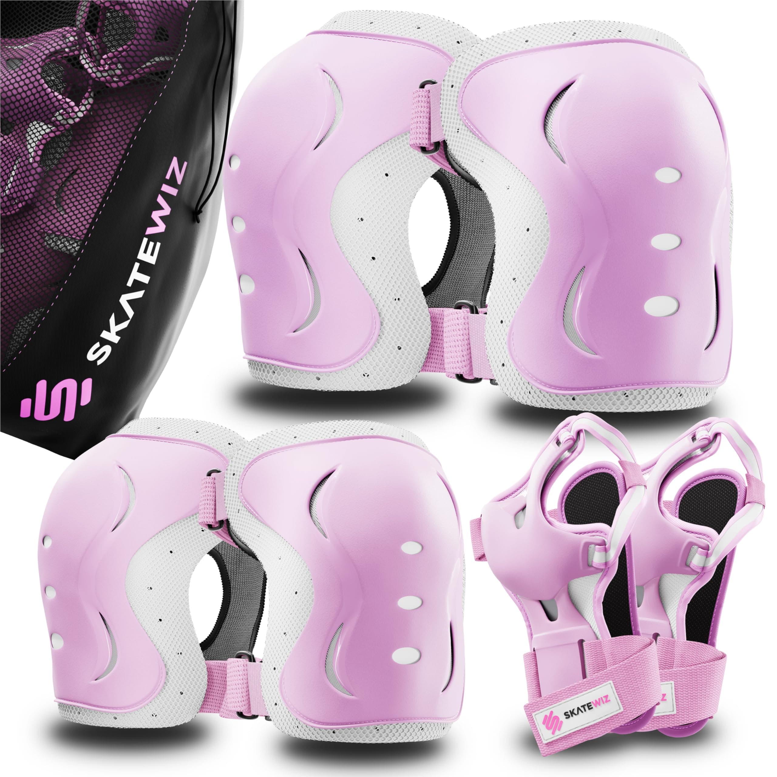 SKATEWIZ Kids and Adults Knee Pads and Elbow Pads Set with Wrist Guards for Roller Skating [6pc] - Skating Protective Gear for Roller Skates & Skateboard