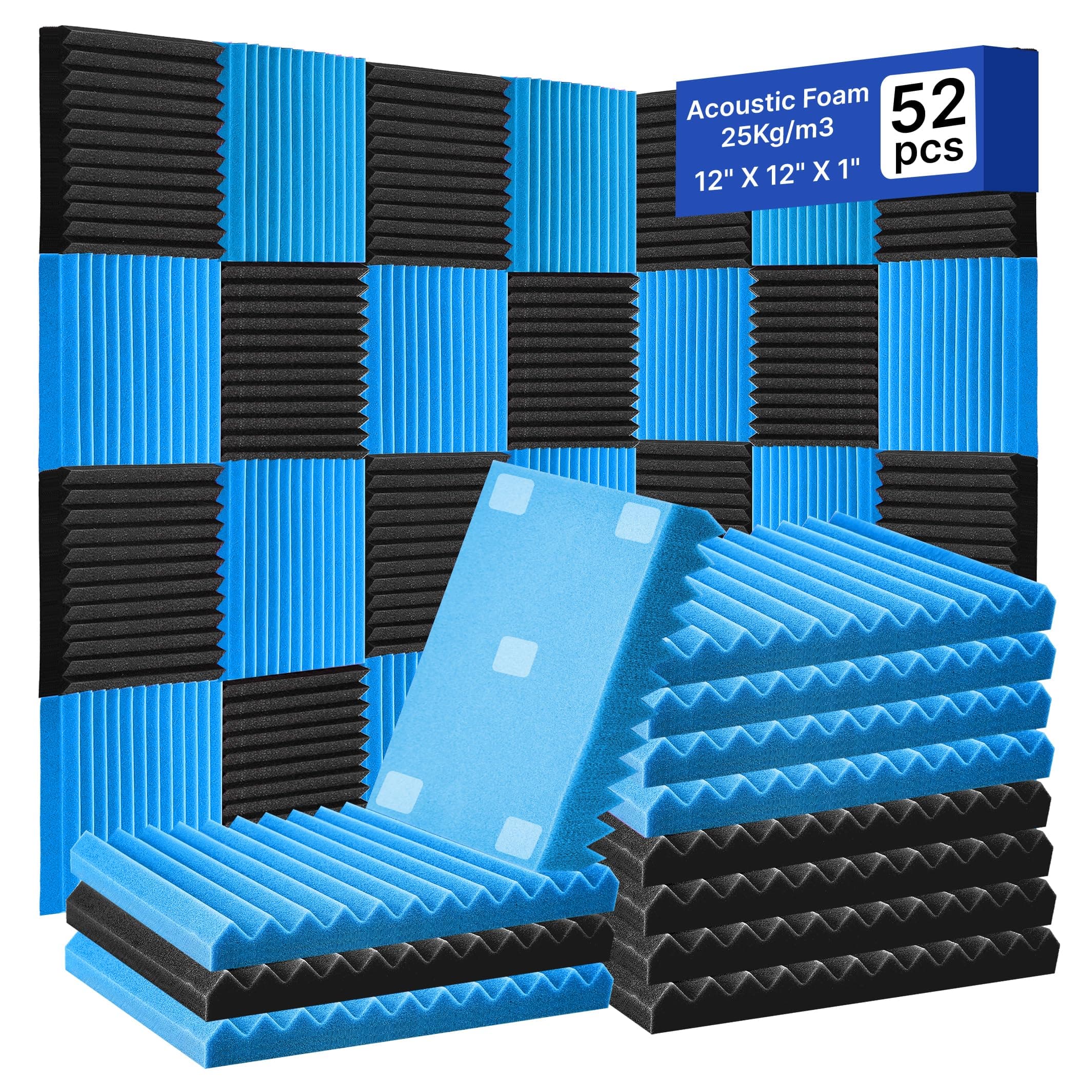 52 Pack Acoustic Foam Panels 1" x 12" x 12"Acoustic Wedge Studio Foam Sound Absorption Wall Panels (Black/Blue)