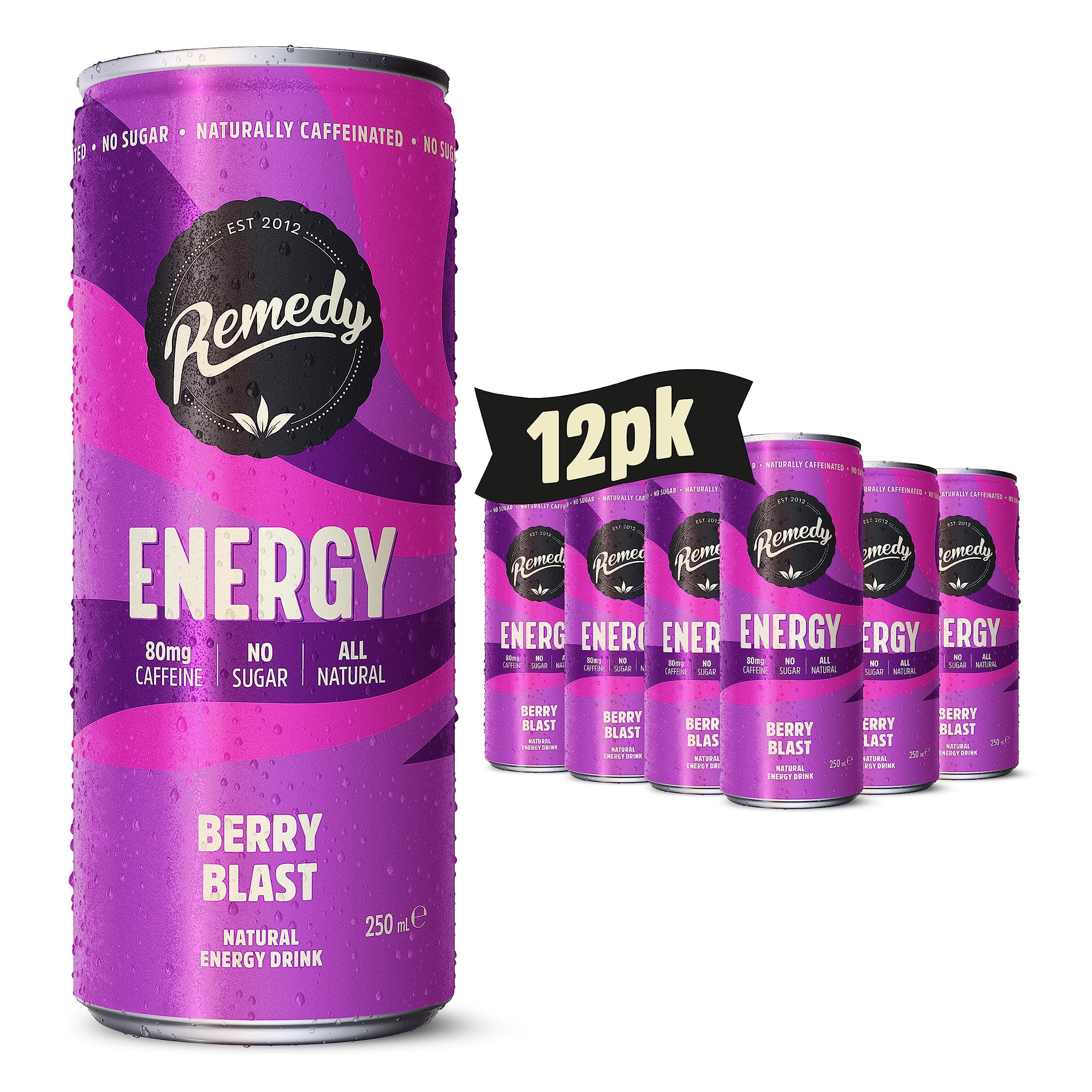 Remedy Natural Energy Drink - Berry Blast - Caffeine - Sugar Free & Low Calorie - Kombucha with Probiotics for Gut Health - 12 x 250ml