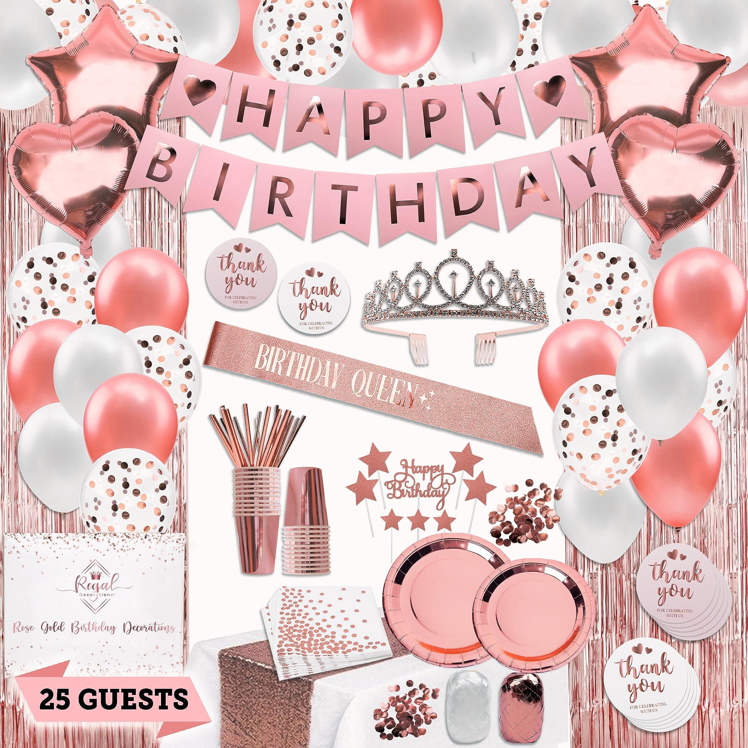 225 PC Rose Gold Birthday Party Decorations Kit for Girls, Teens, Women - Happy Birthday Banners, Curtains Table Runner Balloons, Sash Tiara Cake Topper Plates Cups Napkins Straws for 25 Guest & More