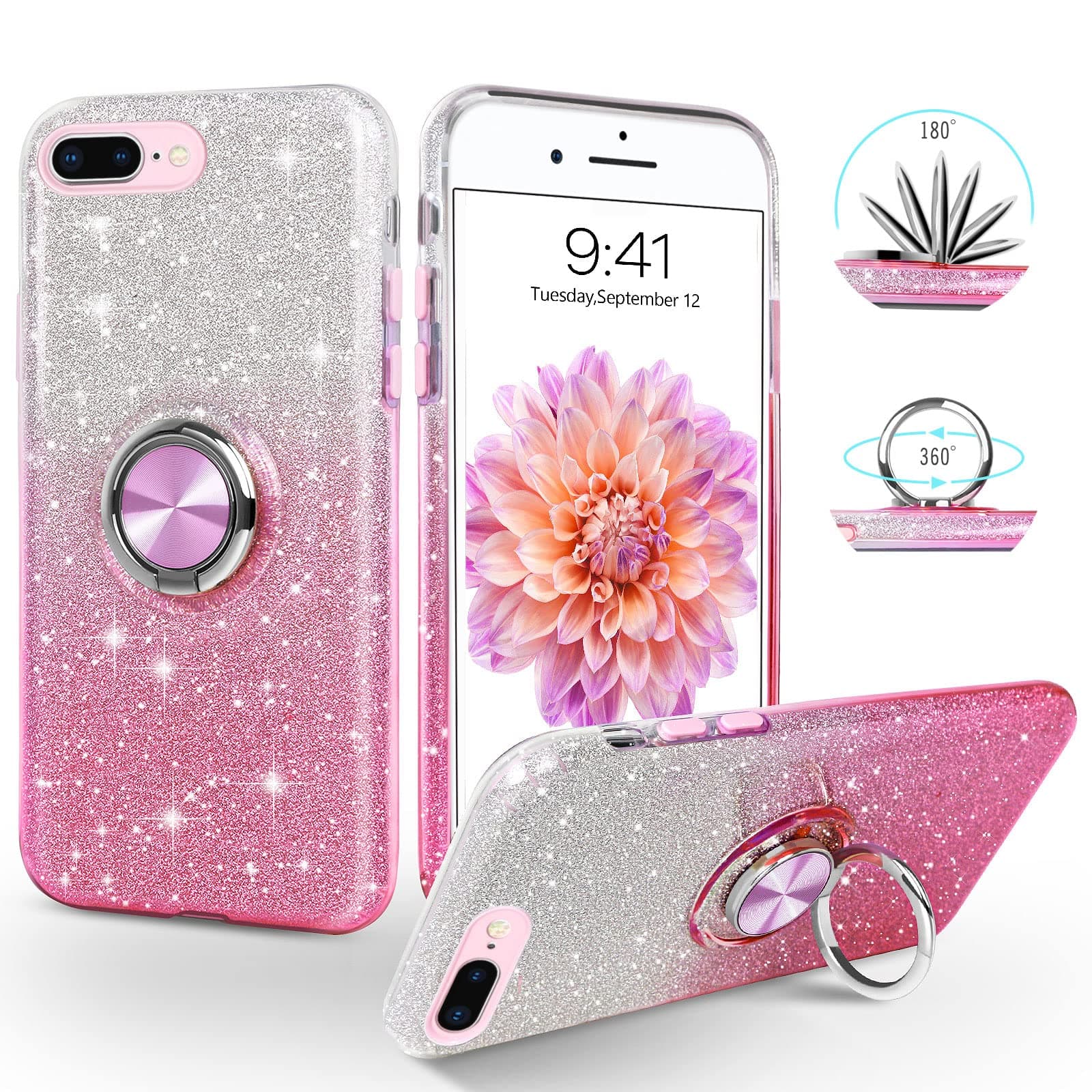 for iPhone 8 Plus Case iPhone 7 Plus Case Glitter Bling Sparkle Girls Women Cover 360° Ring Holder Kickstand Magnetic Car Mount Shockproof Phone Cases, Gradient Pink