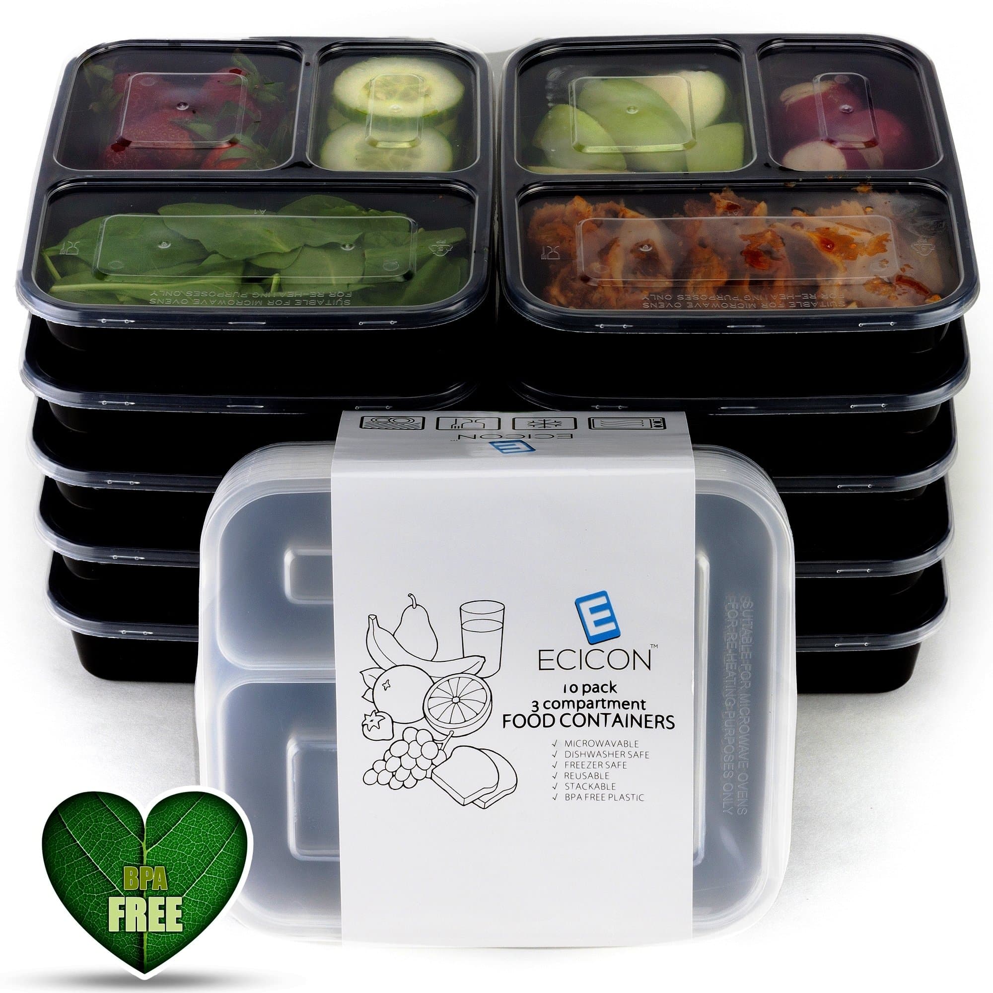 ECICON - Premium Set of 10 Reusable 3 Compartment Lunch box - Food Storage Containers with Lids, Certified Bento Box BPA-free, Stackable - Leak Proof Microwave and Dishwasher Safe