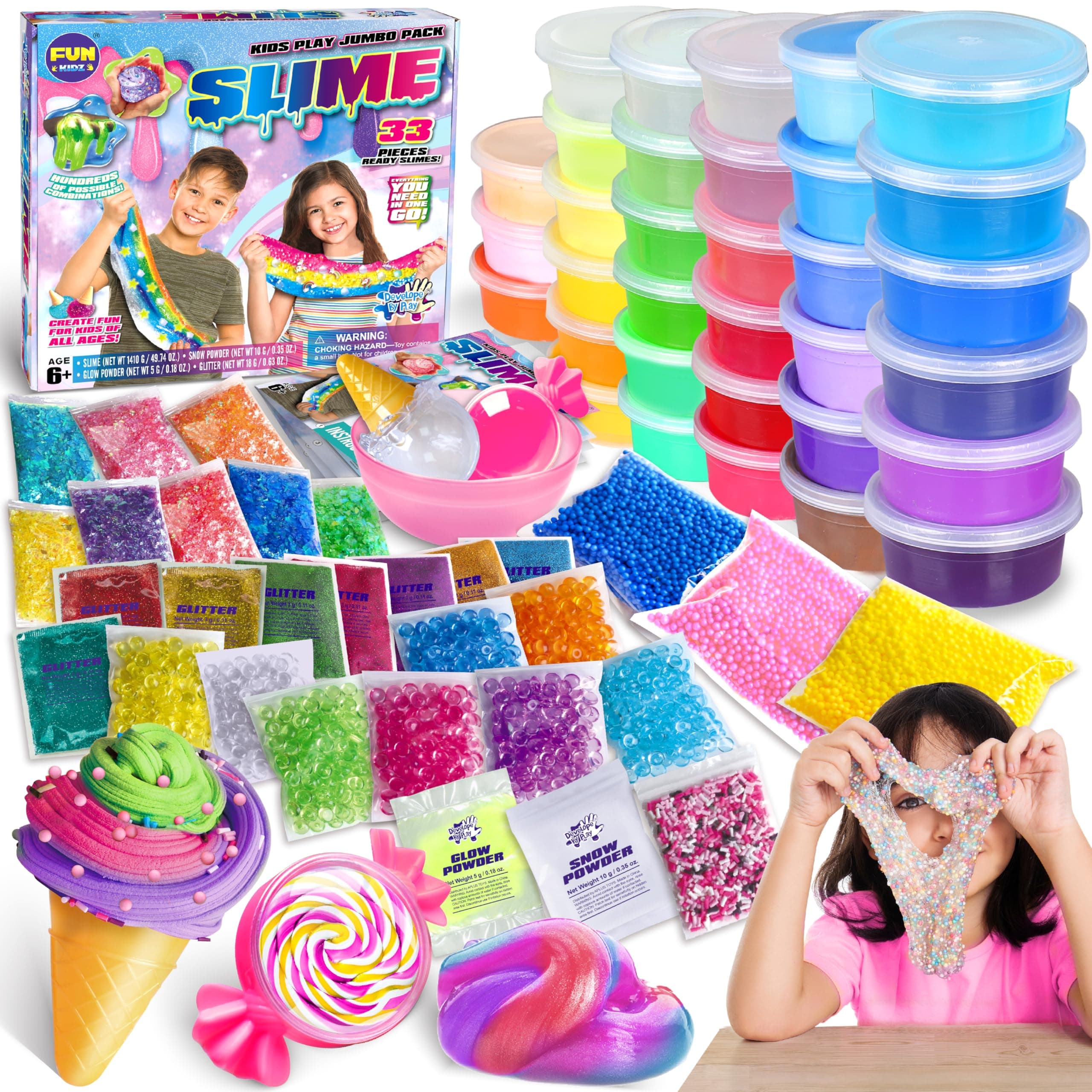 FUN KIDZ 33 Cups Jumbo Slime Kit For Girls And Boys, Funkidz Premade Ultimate Slime Pack To DIY Big Fluffy Slime Making Kits Super Party Favors Gift Toys For Kids