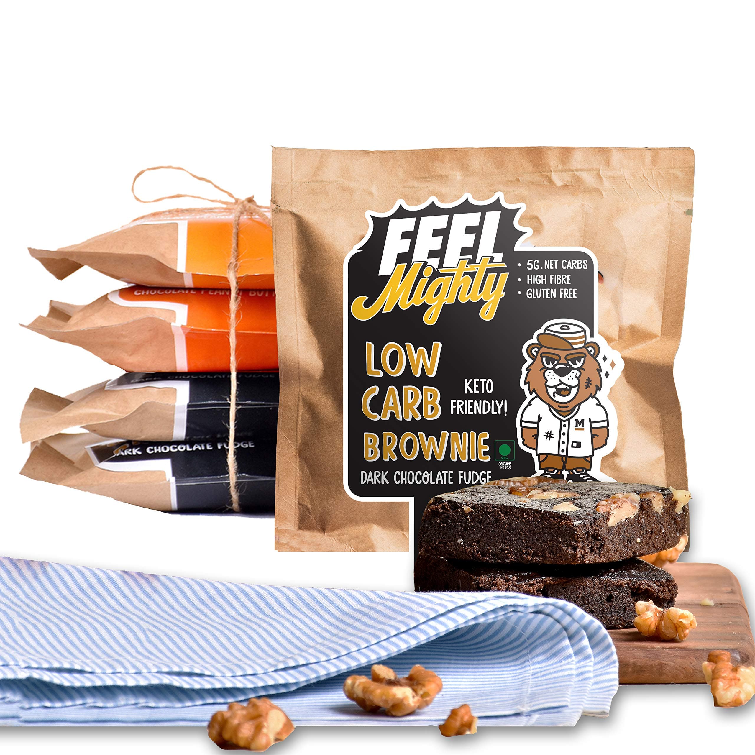 Feel Mighty Keto Friendly Low Carb Assorted Brownies- High Protein,Sugar-Free - 3 Dark Chocolate & 2 Peanut Butter Flavoured Desserts