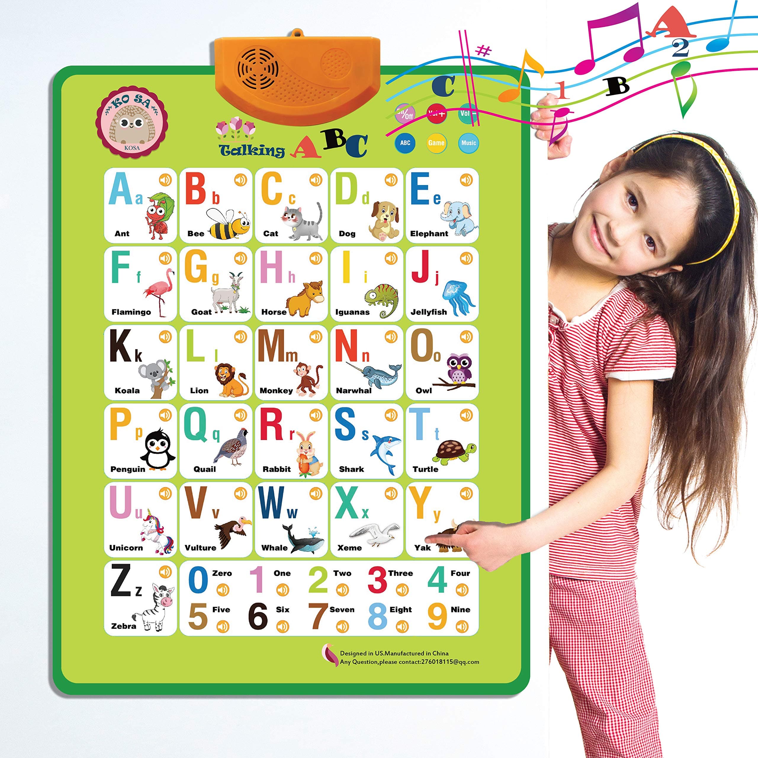 KOSA Electronic Interactive Alphabet Wall Chart, Talking ABC & 124s & Music Poster, Best Educational Toy for Toddler. Kids Fun Learning at Daycare, Preschool.Green