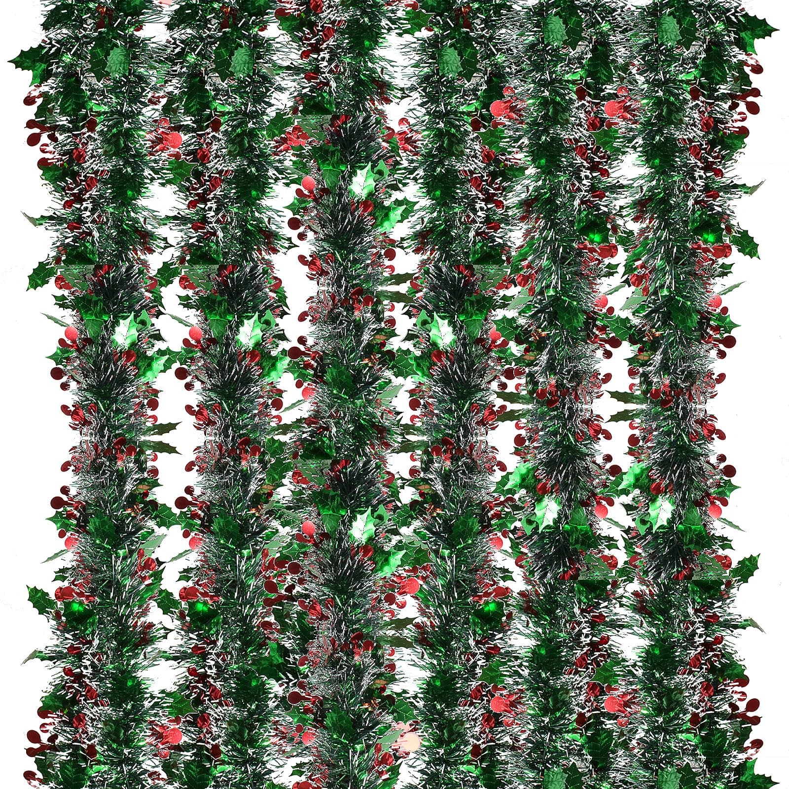 6 Packs Christmas Tinsel Garland Metallic Green Holly Berry Tinsel White Christmas Tree Decorations Xmas Party Decorations
