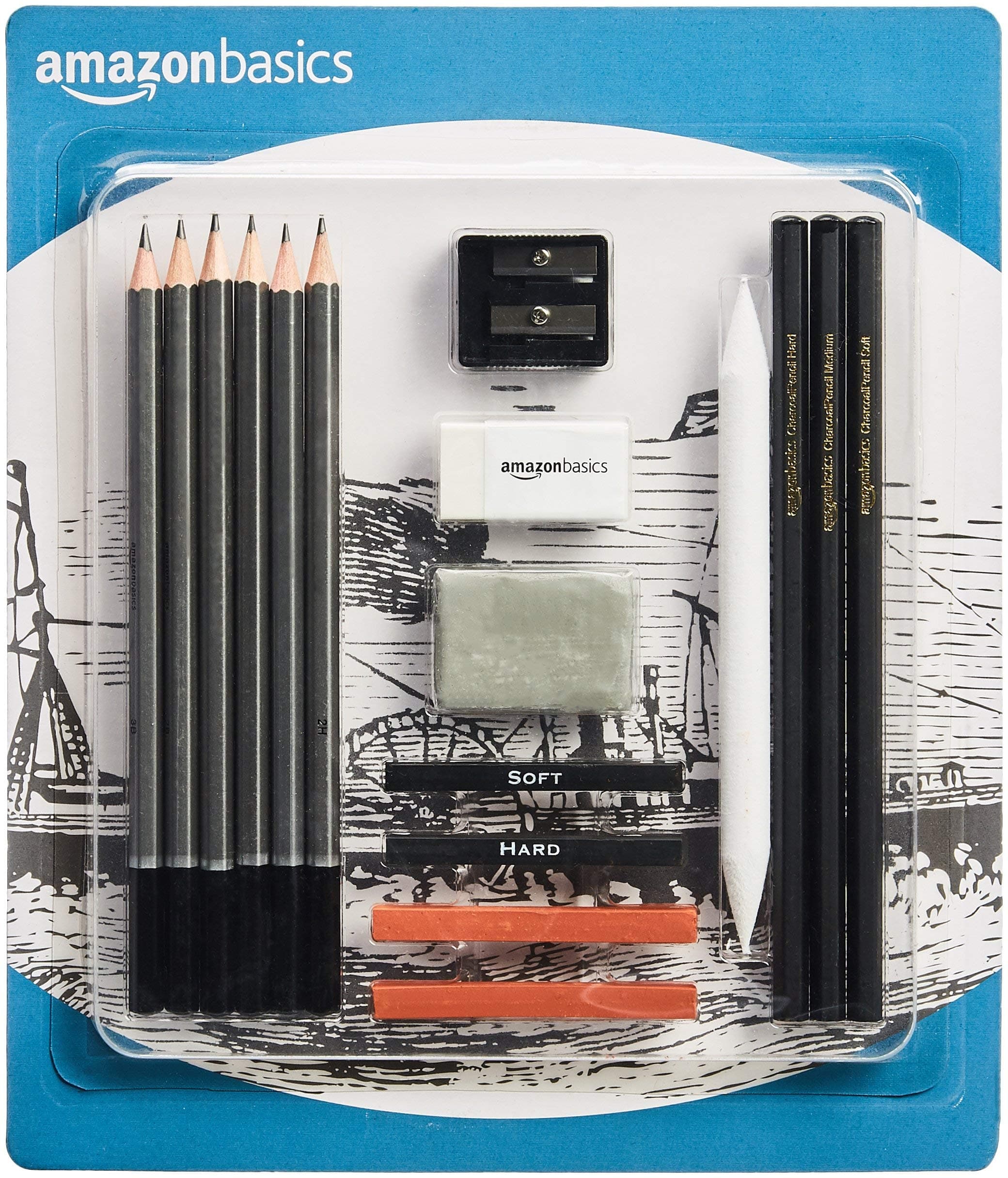 Amazon Basics Artists Charcoal 17 piece Drawing set, Sketching kit (6 graphite and 3 charcoal pencils, 2 charcoal, 2 conté and 1 smudge stick, 2 erasers, 1 sharpener), kids and adults