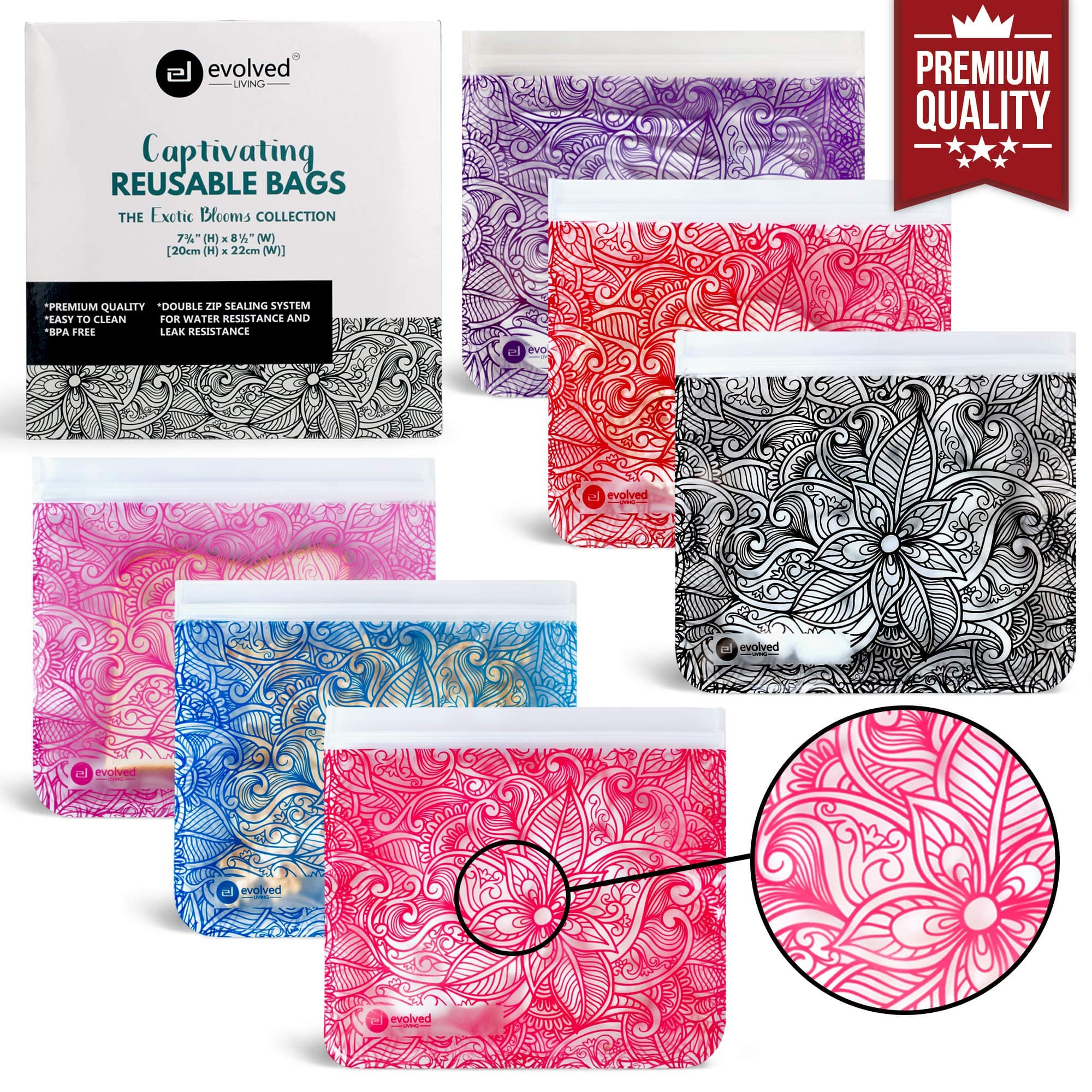 Premium Reusable Food Storage Bags BPA Free Bulk 6 Pack Large Thick Quart Size with design pattern AirTight Leakproof Double Zipper Closure Washable, For Kids Girls Adults Women Lunch Sandwich Snack