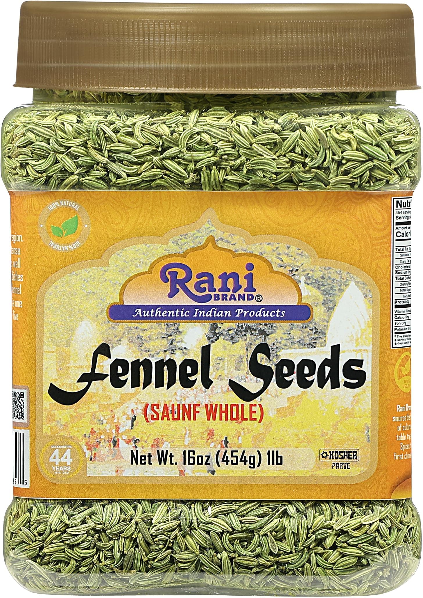 Rani Fennel Seeds (Saunf Sabut) Whole Spice 16oz (1lb) 454g PET Jar ~ All Natural | Gluten Friendly | NON-GMO | Kosher | Vegan | Indian Origin