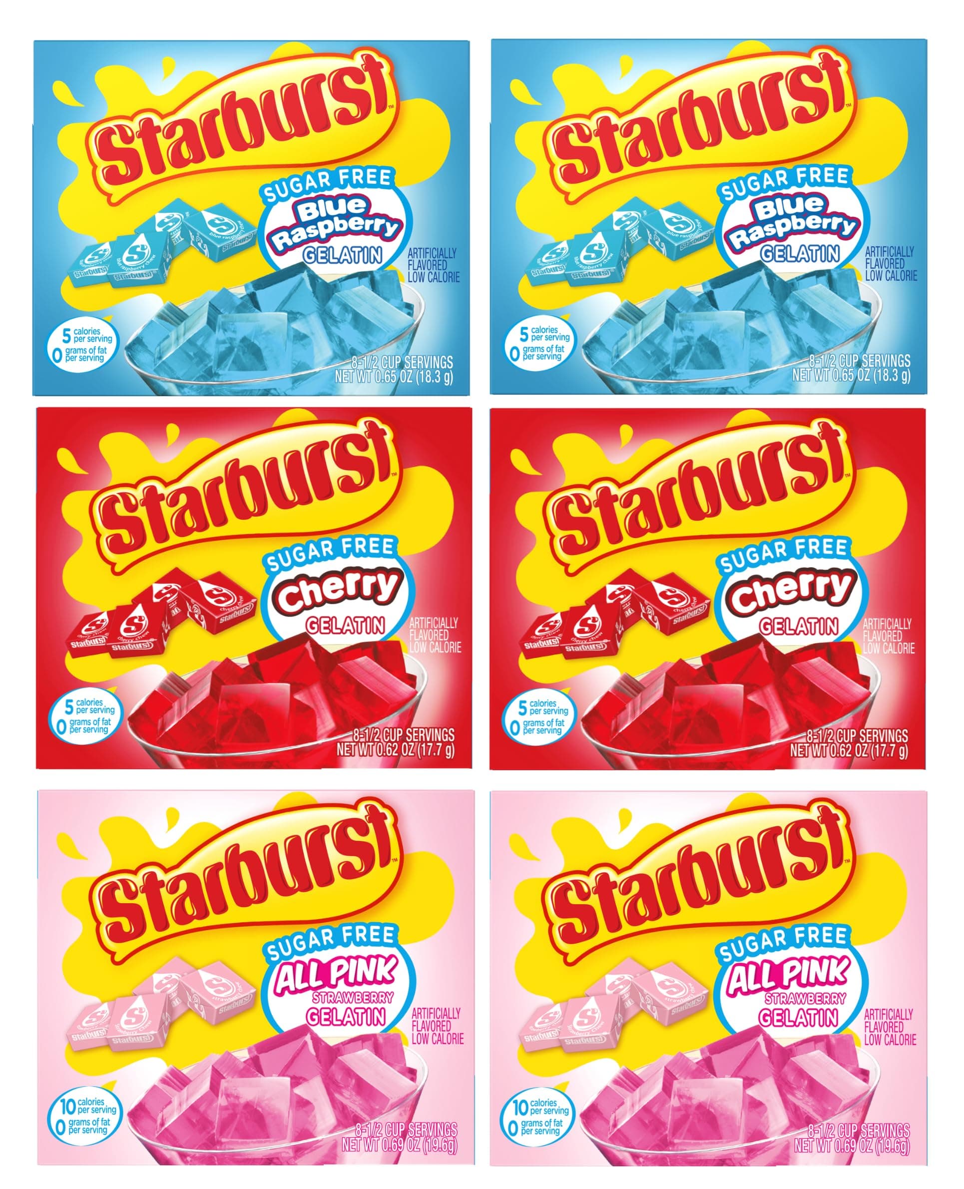 The Jel Sert Company Star burst Sugar Free Gelatin Variety Pack - Pack of 6-3 Flavors - 2 of Each Flavor - Strawberry, Blue Raspberry, and Cherry - Easy to Make for a Variety of Uses