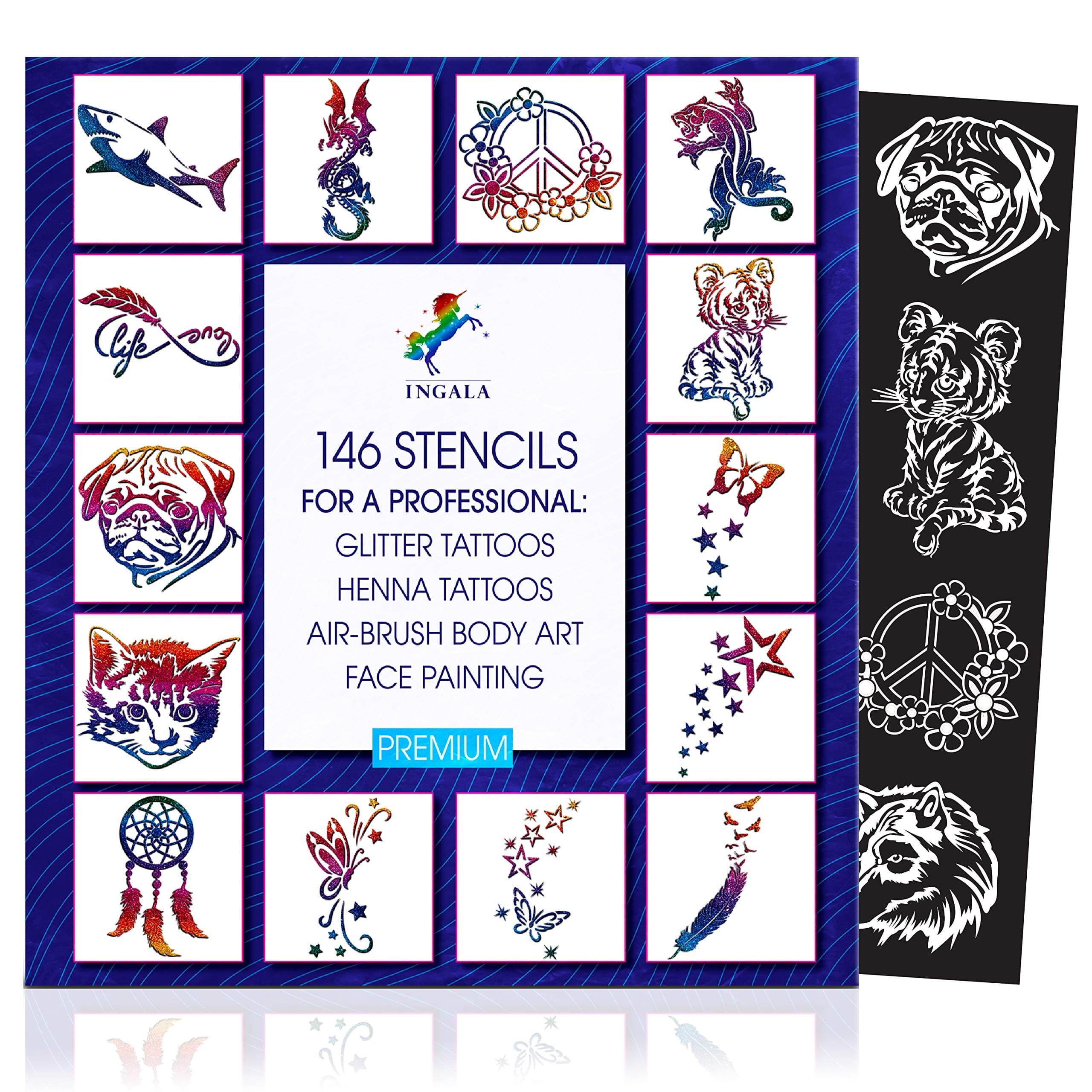 INGALA PREMIUM Stencils Set - 114 Glitter tattoos stencils, Henna tattoo stencils, Airbrush Stencils, Face Painting stencils