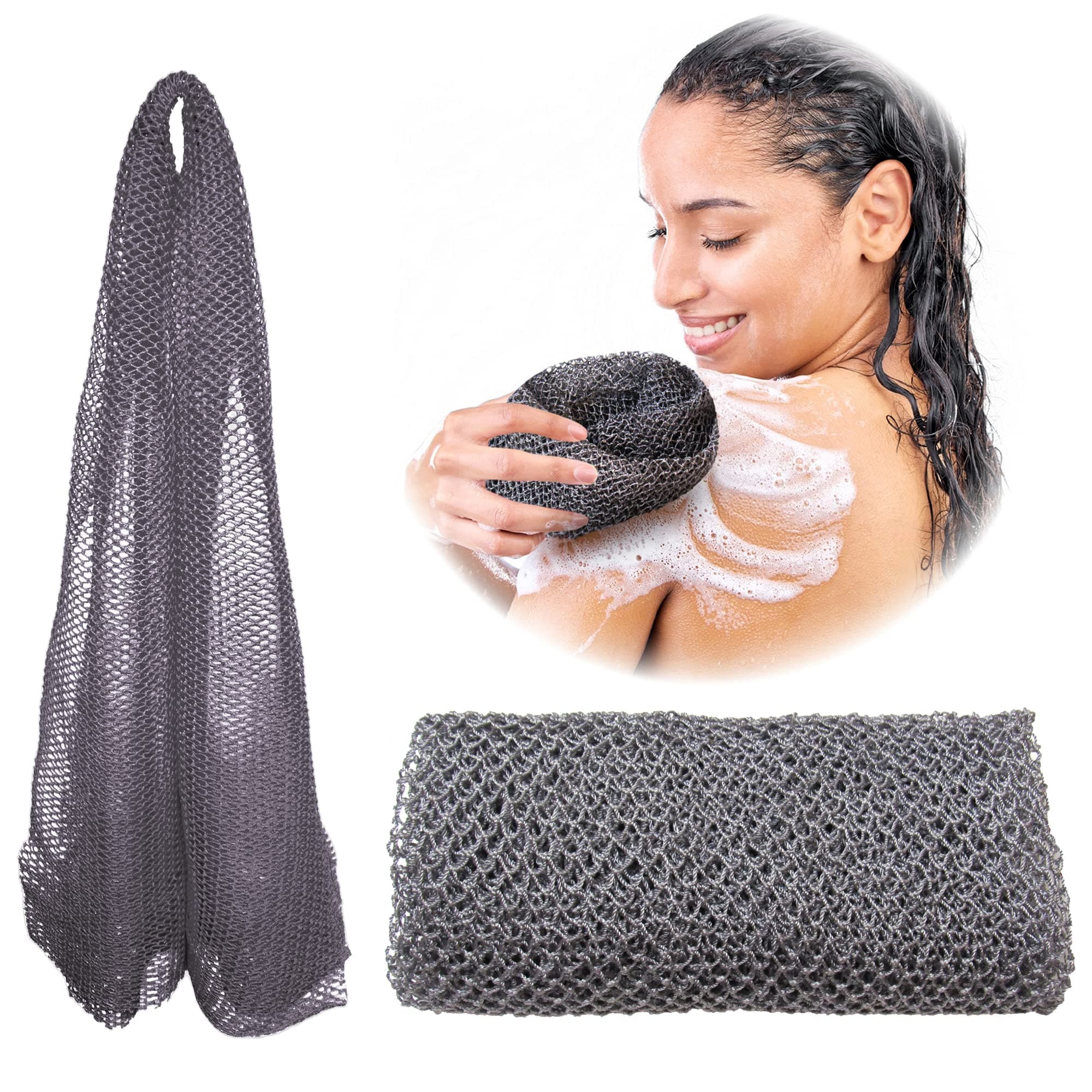 Adeton African Net Sponge, Authentic, Real, Black Owned, Exfoliating Bath Wash Cloth, Long Sponge, Body Exfoliator, Sapo, Shower Bath Accessories, Back Foot Scalp Scrub, Flat Dead Skin Remover (Gray)