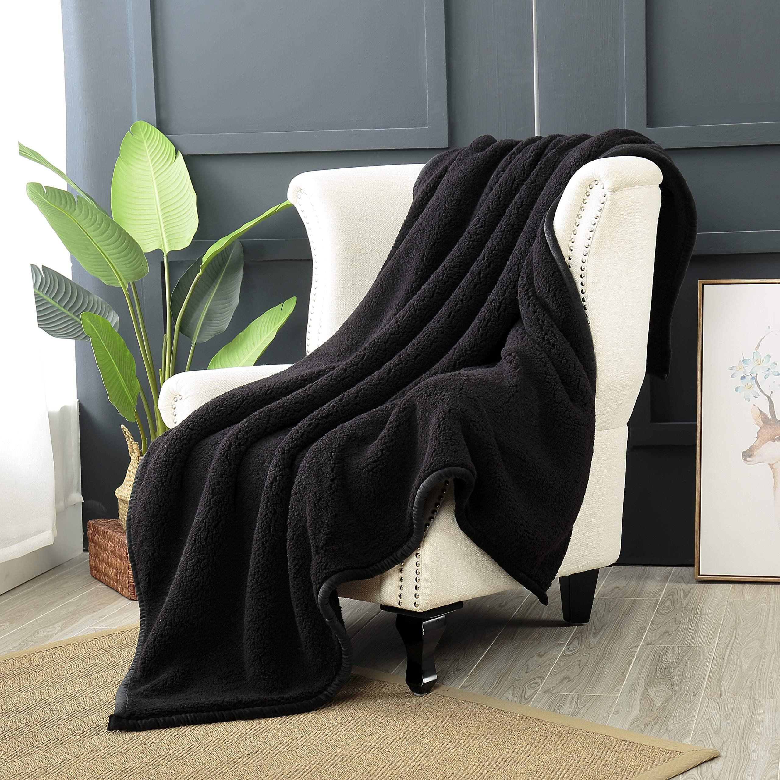 Reafort Ultra Soft Sherpa Body Pillow Cover/Case with Zipper Closure 21"x54" (60"x70" Double Layer Blanket, Black)