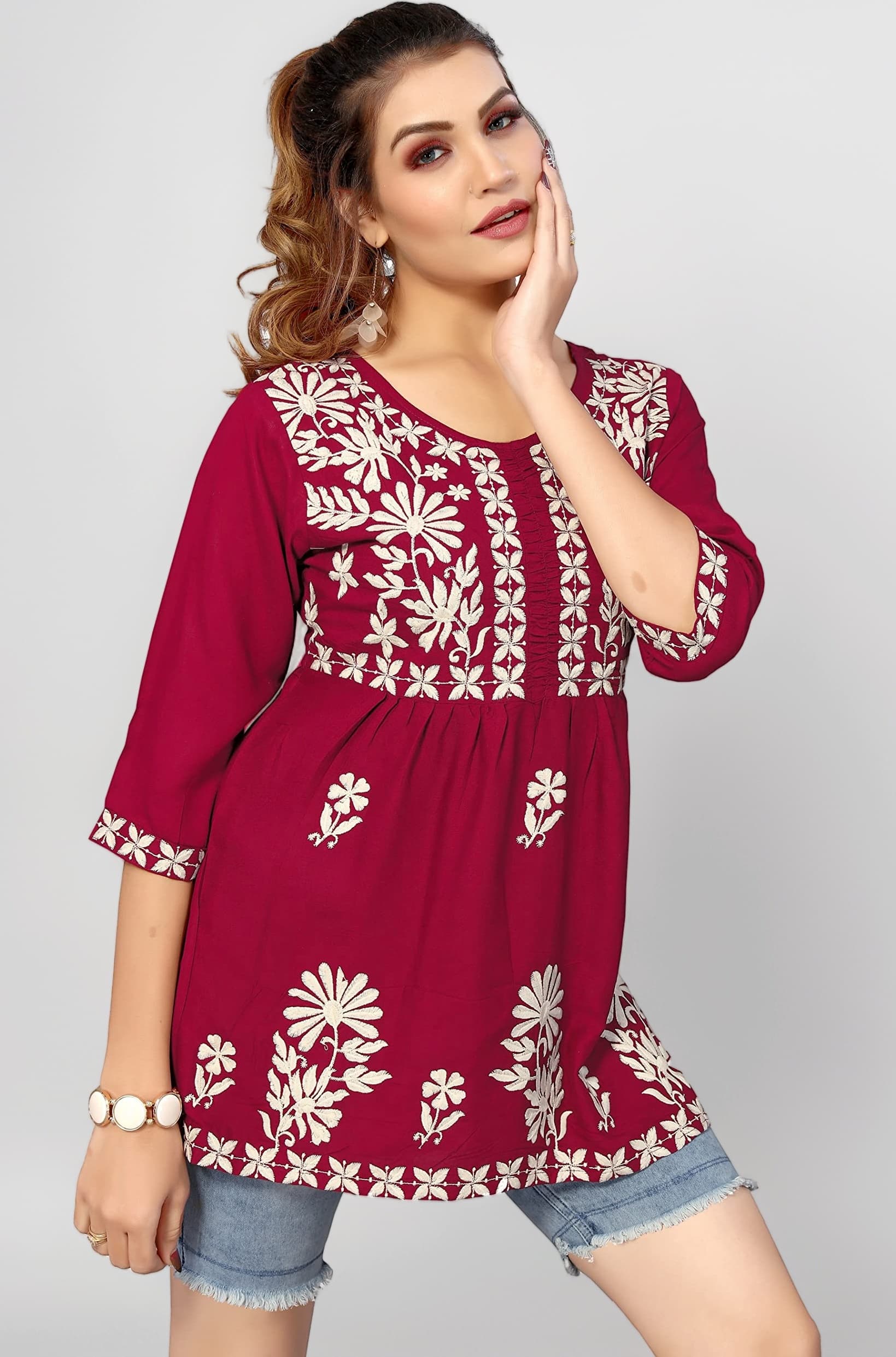Bee M Pee Designer Short Kurti Tops for Jeans for Women I Chikankari Rayon Cotton Long Kurta Kurti for Women I Stylish wear Kurti top for Girls