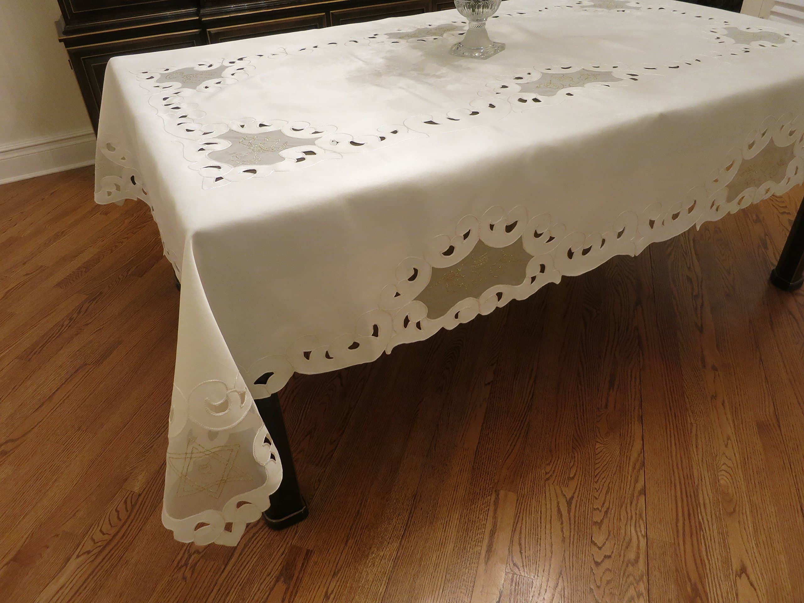 Religious "Star of David" Embroidered Cutwork Tablecloth with Organza Look Inset (White 68" x 104")