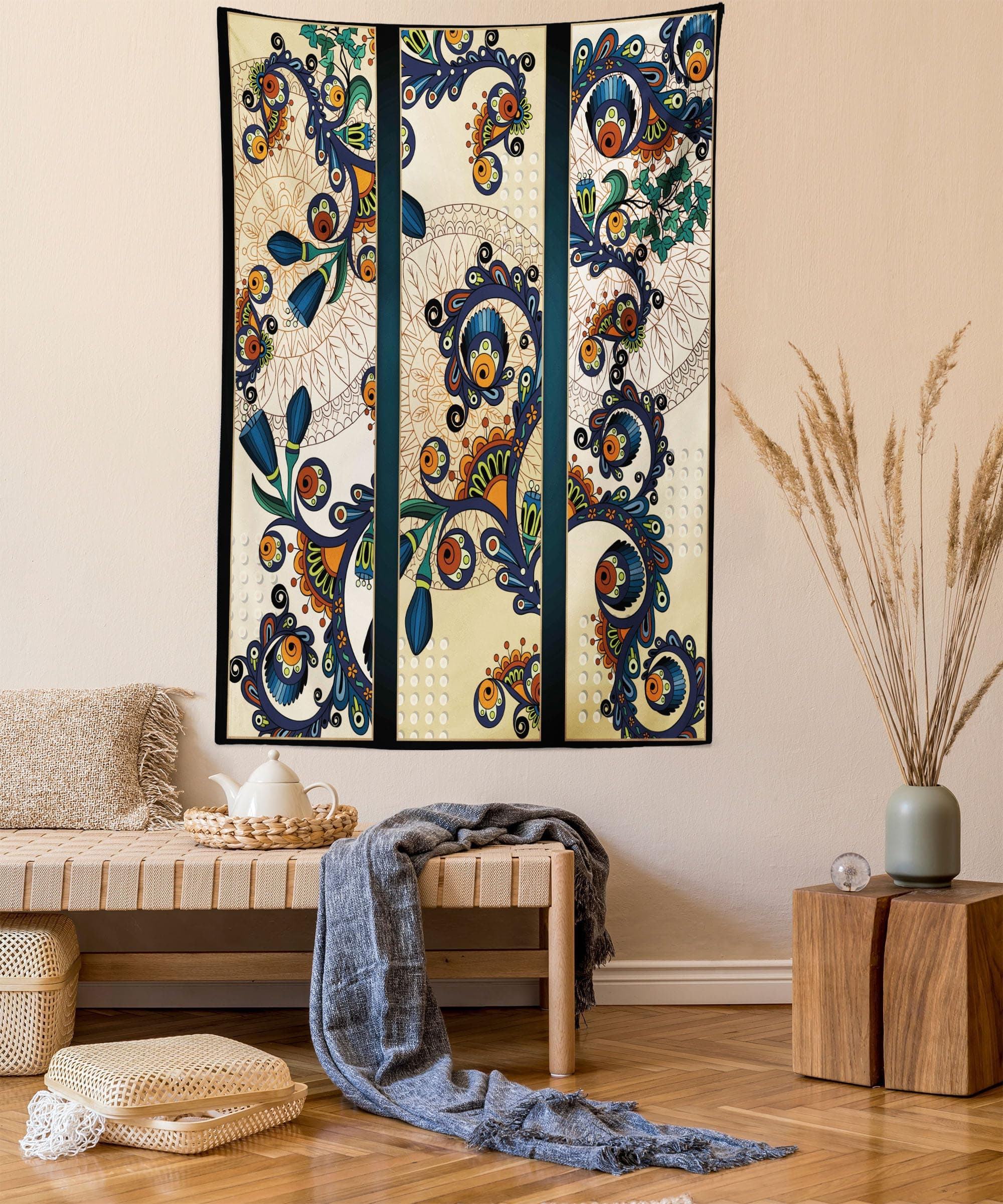 Lunarable Abstract Tapestry Twin Size, Paisley Batik Floral Design Hand Drawn Ornament Artwork, Wall Hanging Bedspread Bed Cover Wall Decor, Twin Size, Beige Petrol Blue