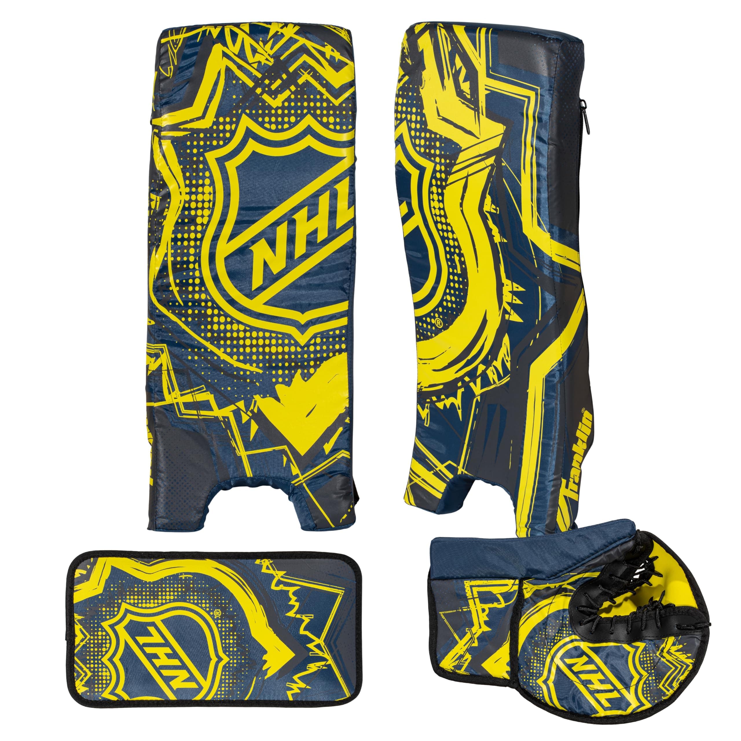 Franklin Sports Kids Street Hockey Goalie Pads Set - Youth Mini + Street Hockey Goalie Gear - Junior Blocker, Glove + Pads - Adjustable Kids Street Hockey Equipment - Youth Medium,Black/Optic Yellow