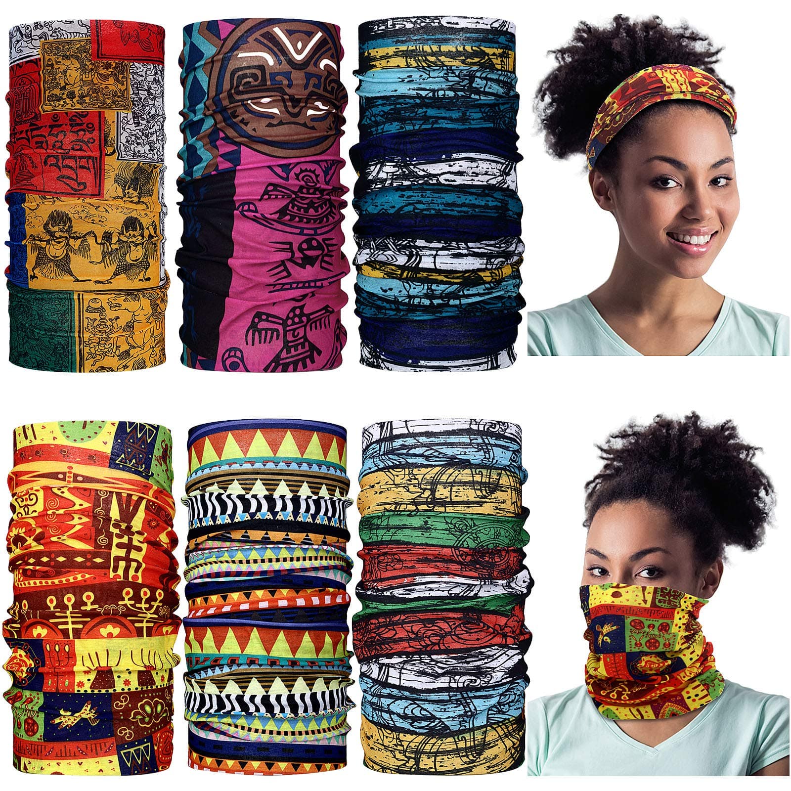 6 Pieces African Scarf African Bandanas Face Covering Unisex Boho Neck Gaiter Balaclava Head Wrap for Motorcycling Outdoor Use