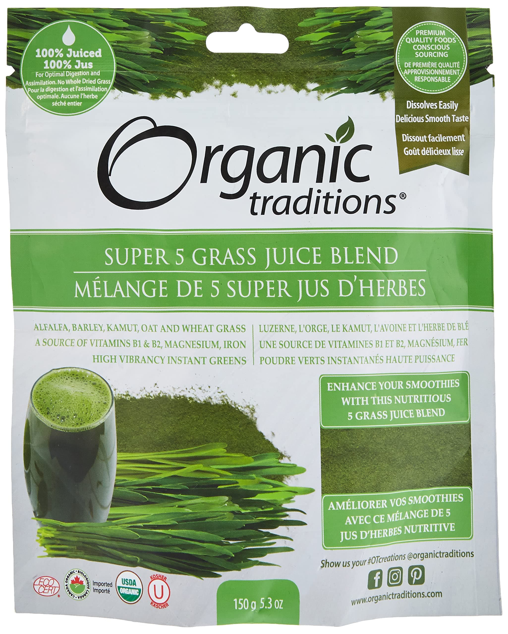 Organic Traditions Super 5 Grass Juice Blend | 150 g | Alfalfa, Barley, Kamut, Oat, and Wheat Grass | High in Vitamins B1 & B2, Magnesium, and Iron | Instant Greens