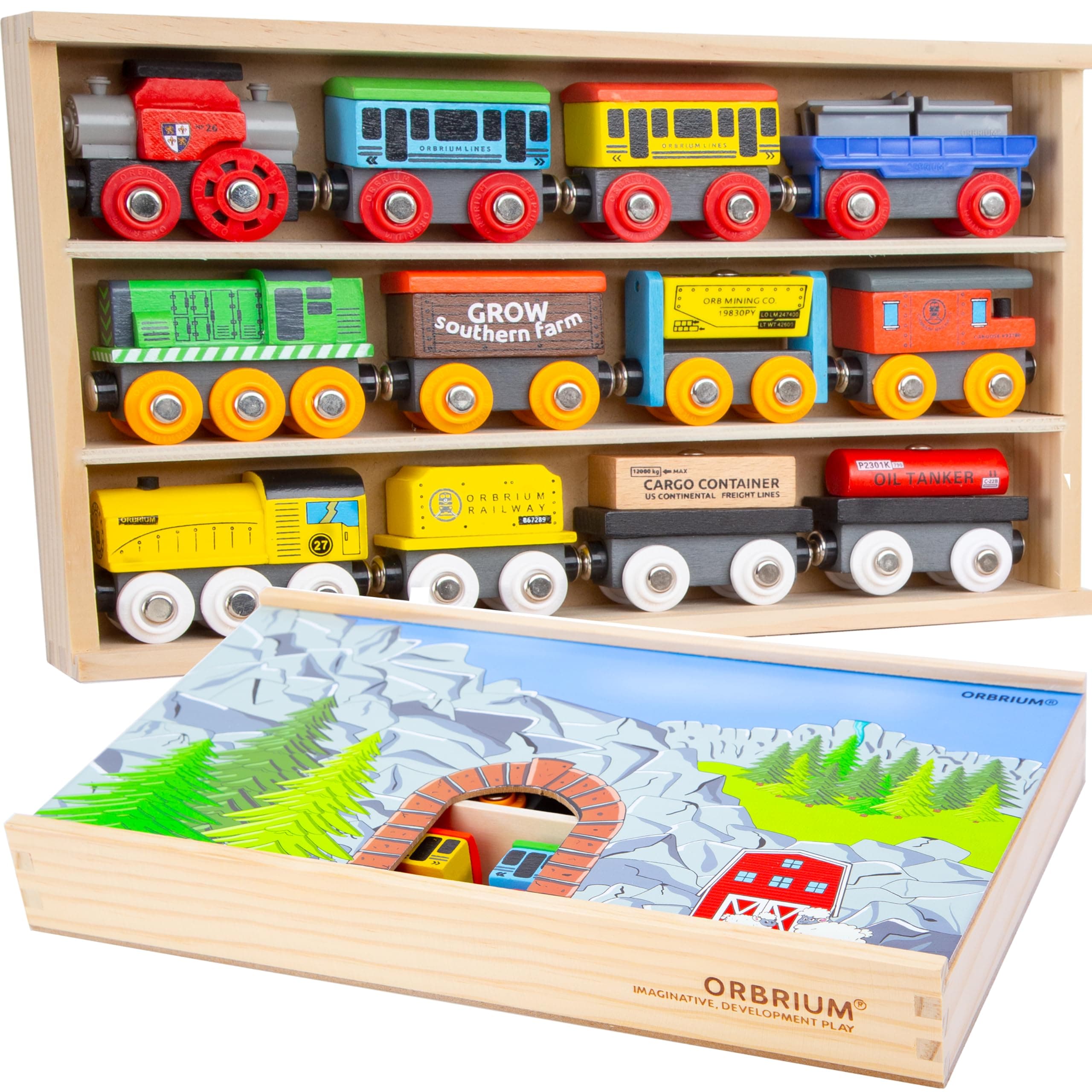 Orbrium Wooden Train Cars Set 12 Pc Magnetic Trains with Storage Box Cover Tunnel Compatible with Thomas Brio Melissa and Doug Wooden Railway Motessorri Toy Gift Set for Kids Toddler Boys Girls.