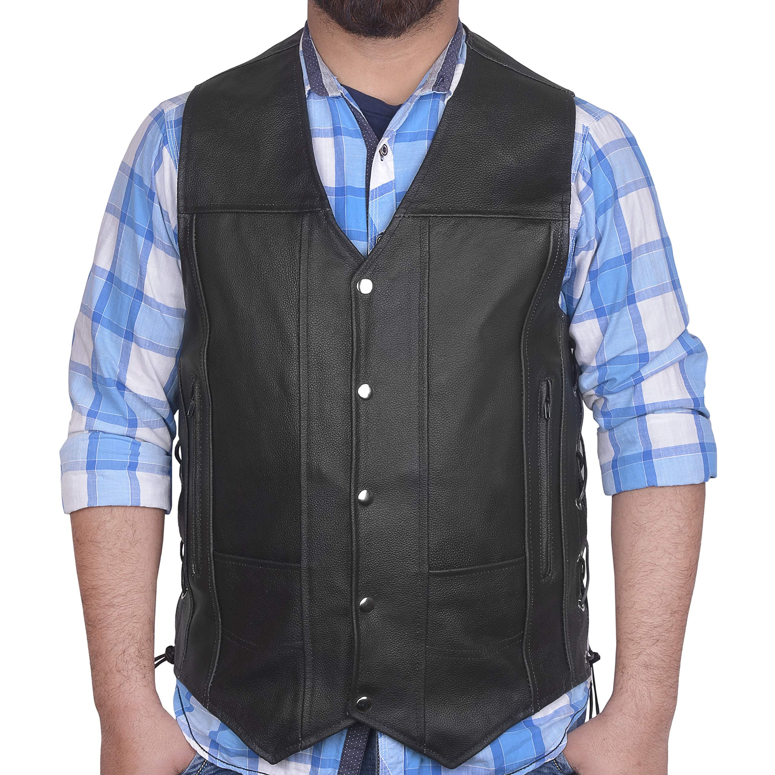 DEFY Men's Black Genuine Leather 10 Pockets Motorcycle Biker Vest New (XL (CHEST 44-46 INCHES))