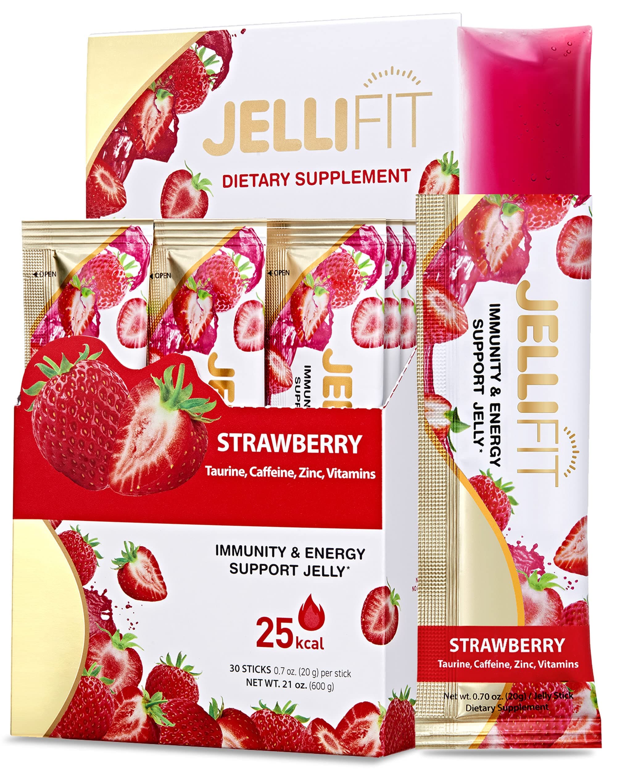 Jellifit Energy Gel - Strawberry Immunity Support Sports Nutrition with 30mg Caffeine - Natural Energy Gels for Running, Cycling, Gelatin & Gluten Free, No Artifical Colors or Sweetners, 30 Pack