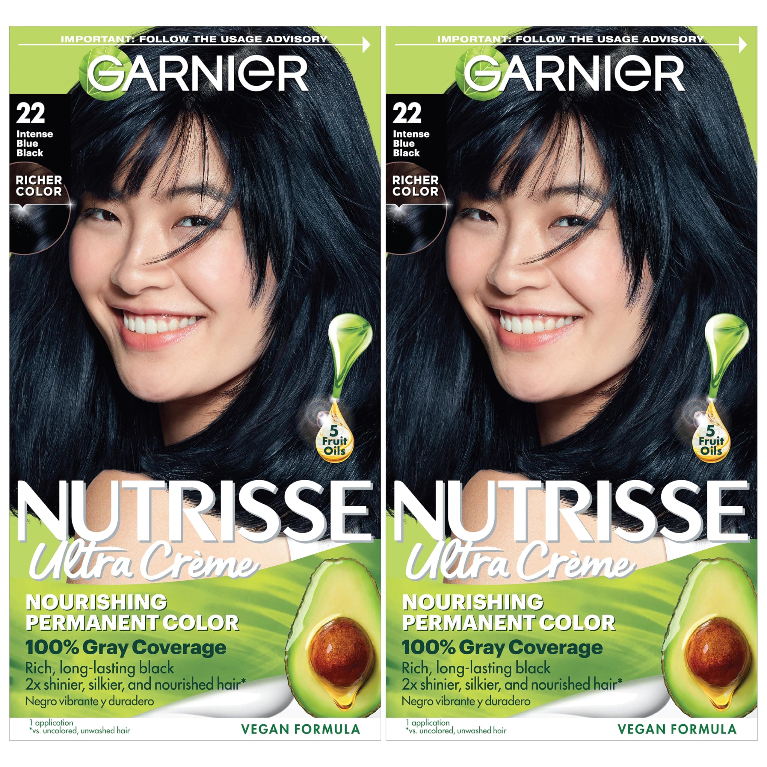 Nutrisse Ultra Crème Hair Color, Permanent Hair Dye with 100% Gray Coverage, Vegan & Cruelty-Free, 22 Intense Blue Black (Mulberry), 2 Count