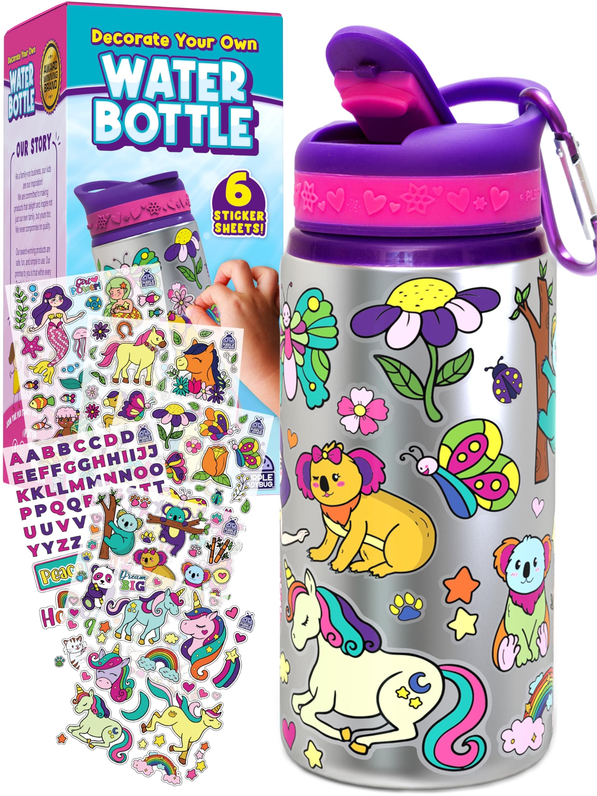 Decorate Your Own Water Bottle Kit - Gifts for Girls Ages 4-8 Years Old Birthday, Little Girl Gifts, Kids Water Bottle for School, Valentines Gift for Girls