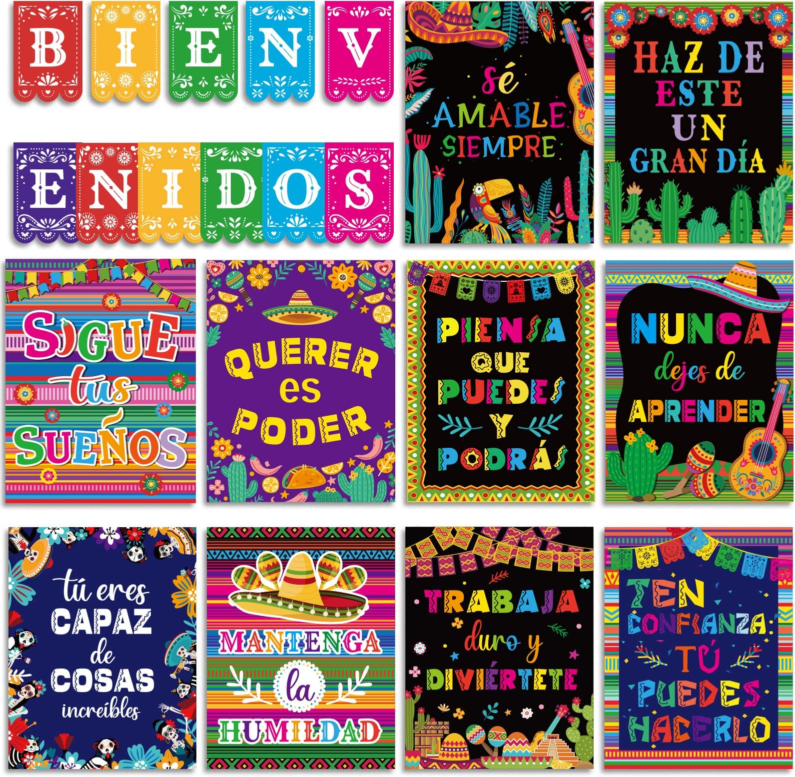 gisgfim 21 Pieces Bienvenidos Inspirational Spanish Posters Hispanic Heritage Month Colourful Spanish Motivational Posters Classroom Bulletin Board Set for Kid Classroom Office Bedroom Wall Art Decor